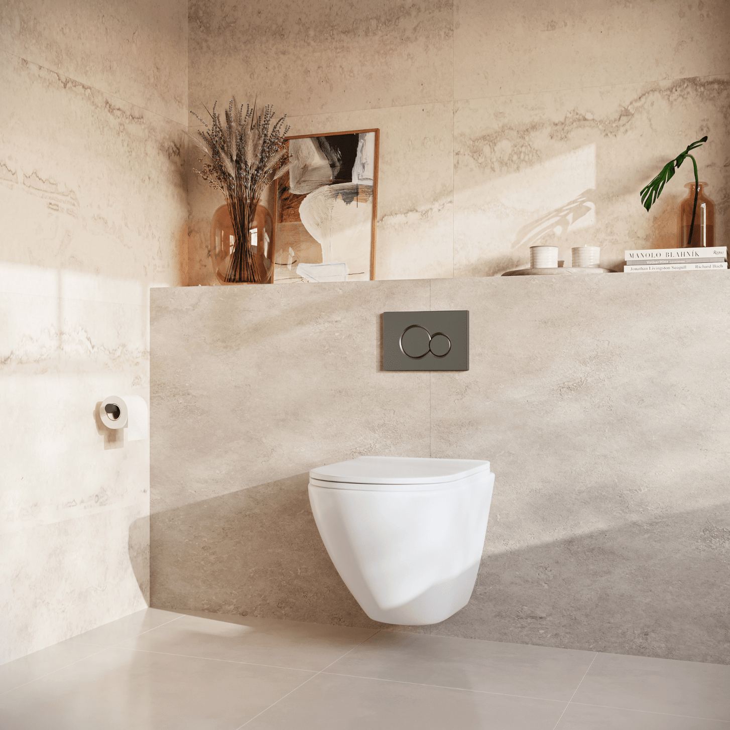 Hangtoilet met Inbouwreservoir - Rond Wit - Drukplaat Rond Gunmetal - Linea - lomazoo.com