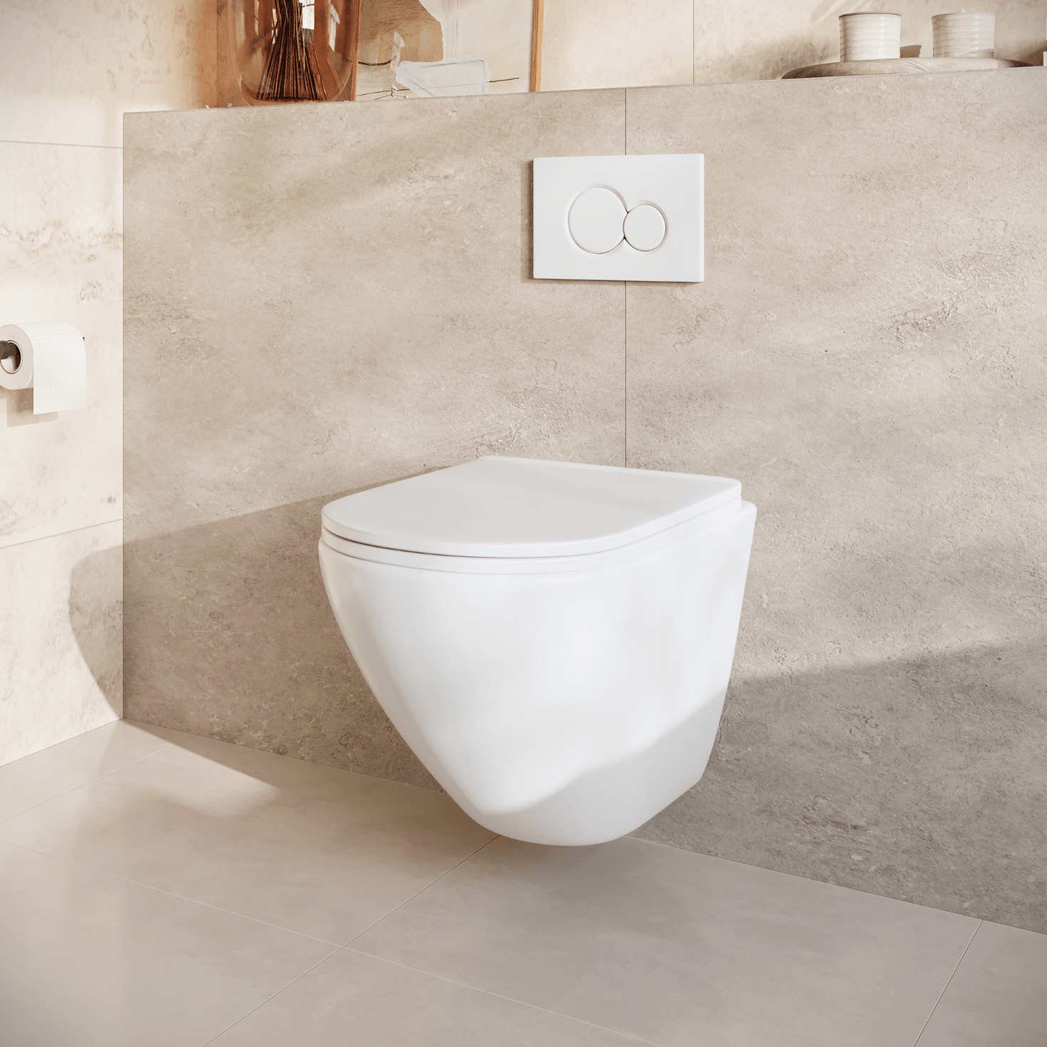 Hangtoilet met Inbouwreservoir - Rond Wit - Drukplaat Rond Wit - Linea - lomazoo.com