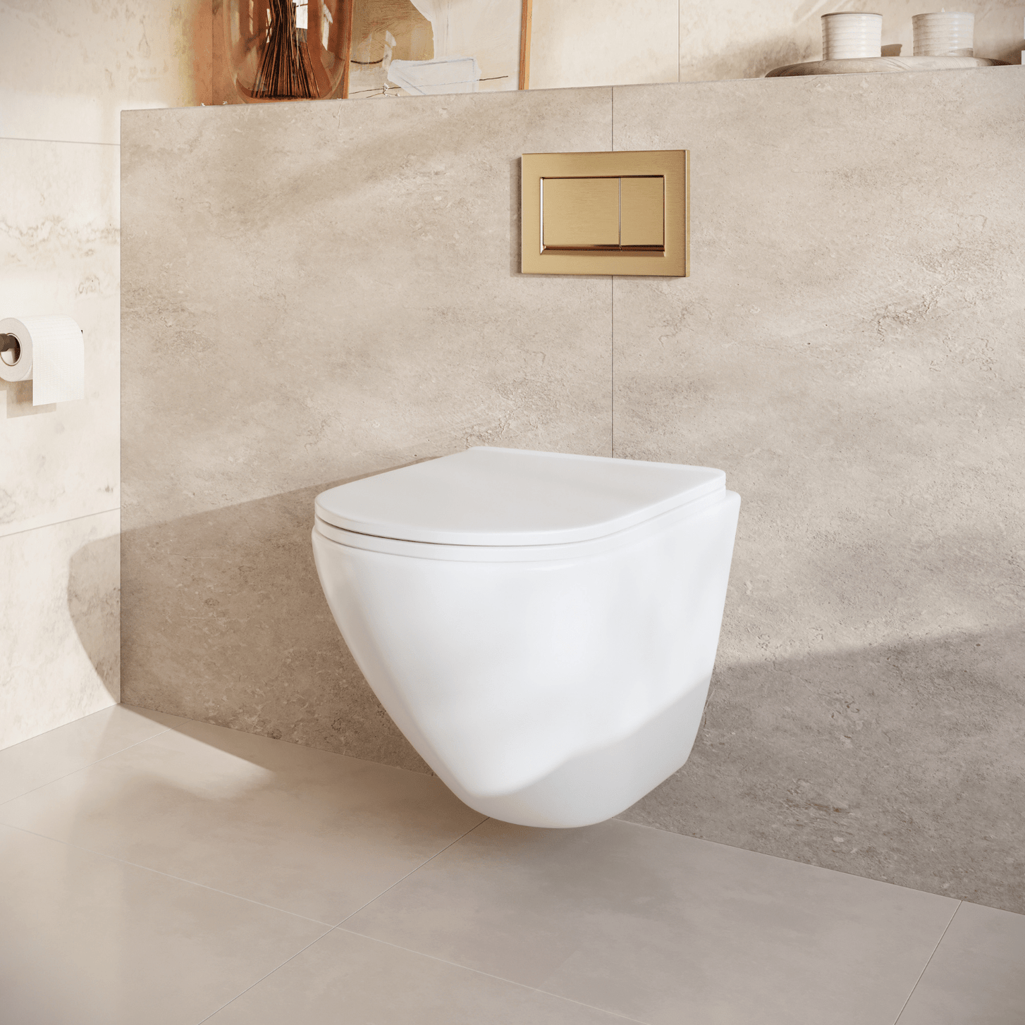 Hangtoilet met Inbouwreservoir - Rond Wit - Drukplaat Vierkant Goud - Linea - lomazoo.com