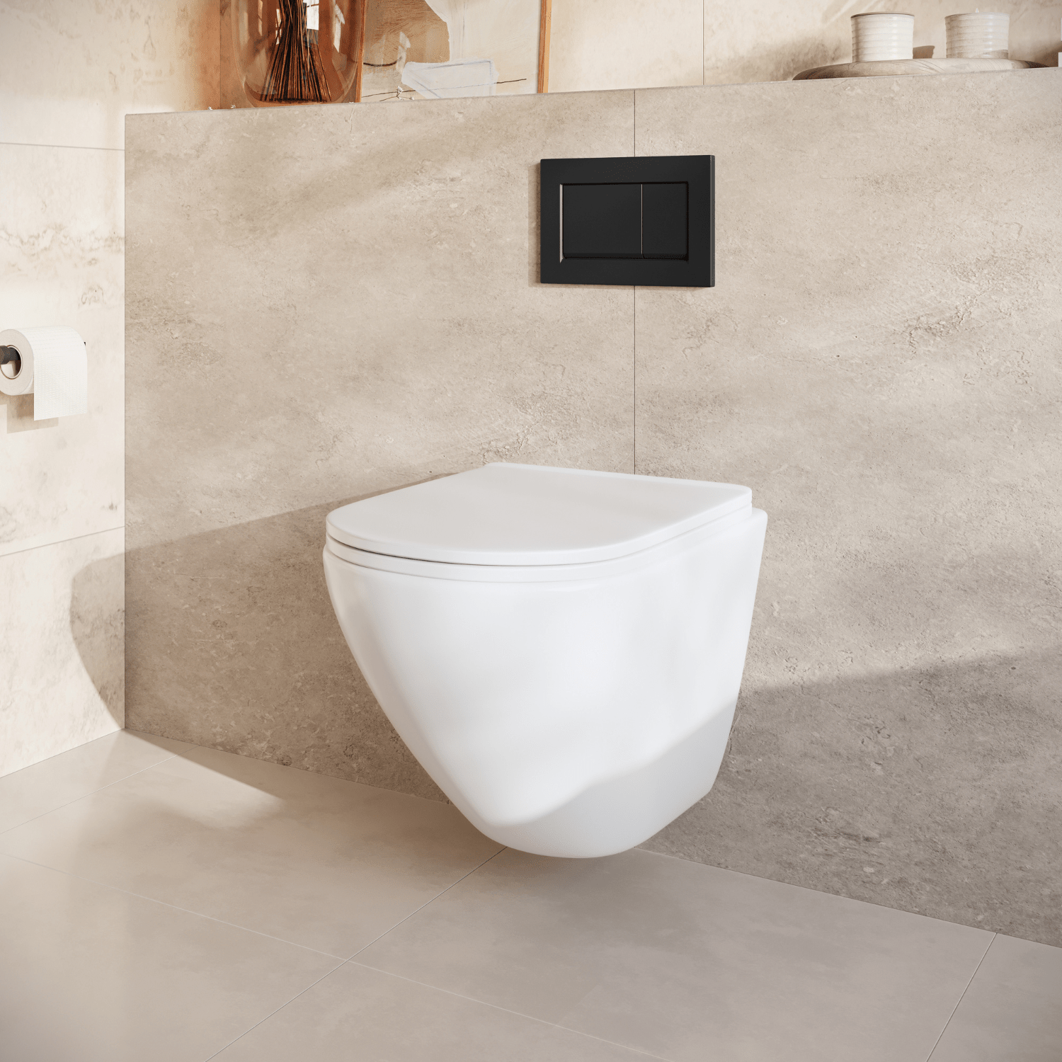 LOMAZOO Hangtoilet met Inbouwreservoir - Rond Wit - Drukplaat Vierkant Zwart - Linea - lomazoo.com