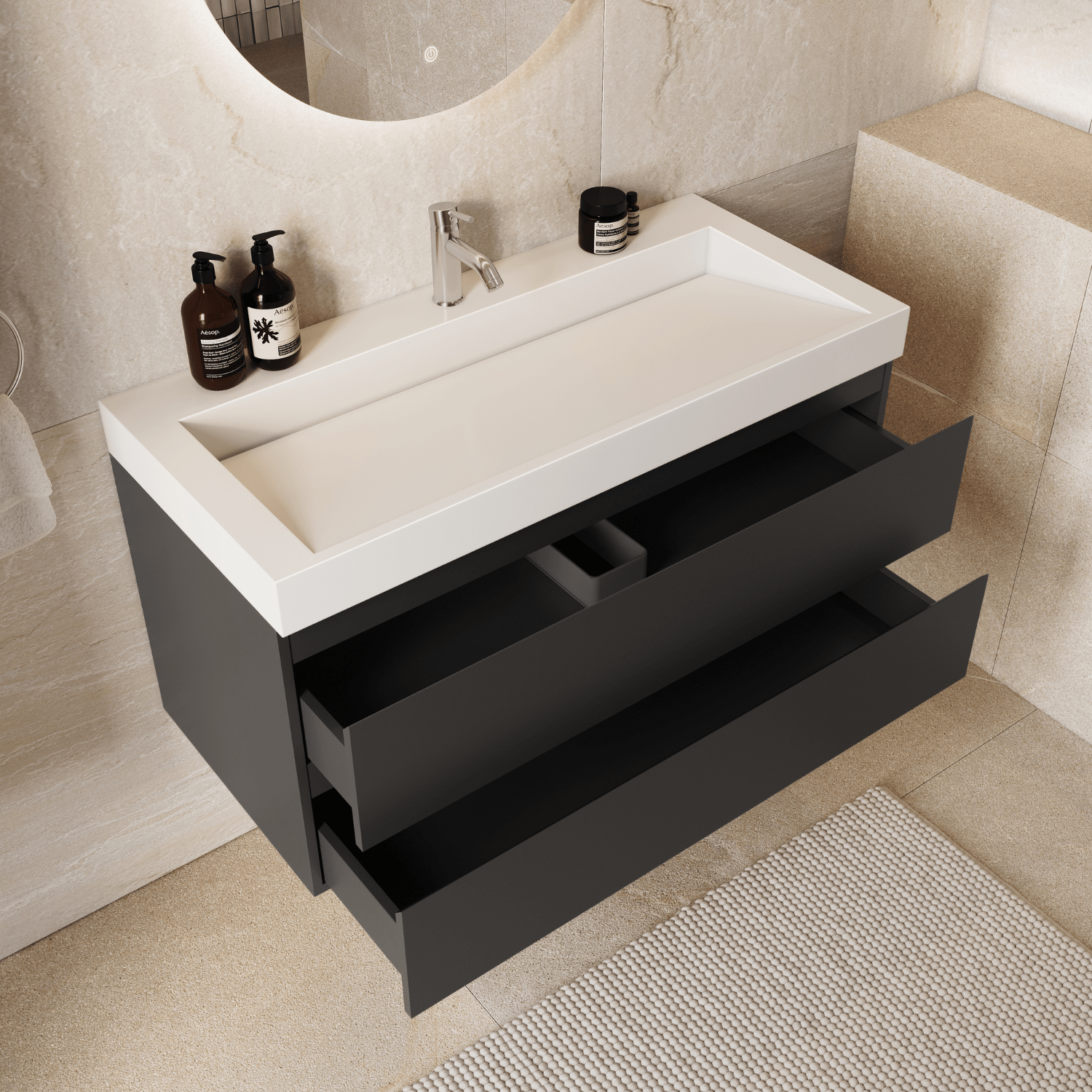 AZURO Mat Zwart - Wastafel Wit - Met Kolomkast - 100cm - lomazoo.com