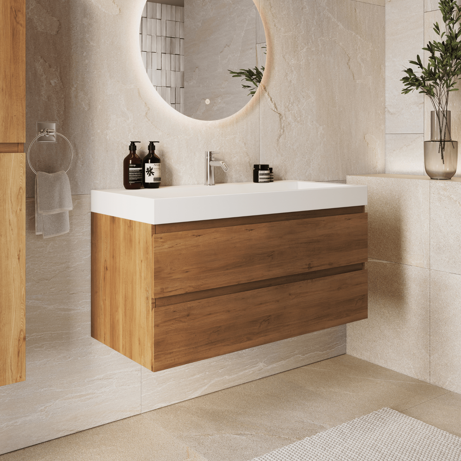 AZURO Warm Eiken - Wastafel Wit - Met Kolomkast - 100cm - lomazoo.com