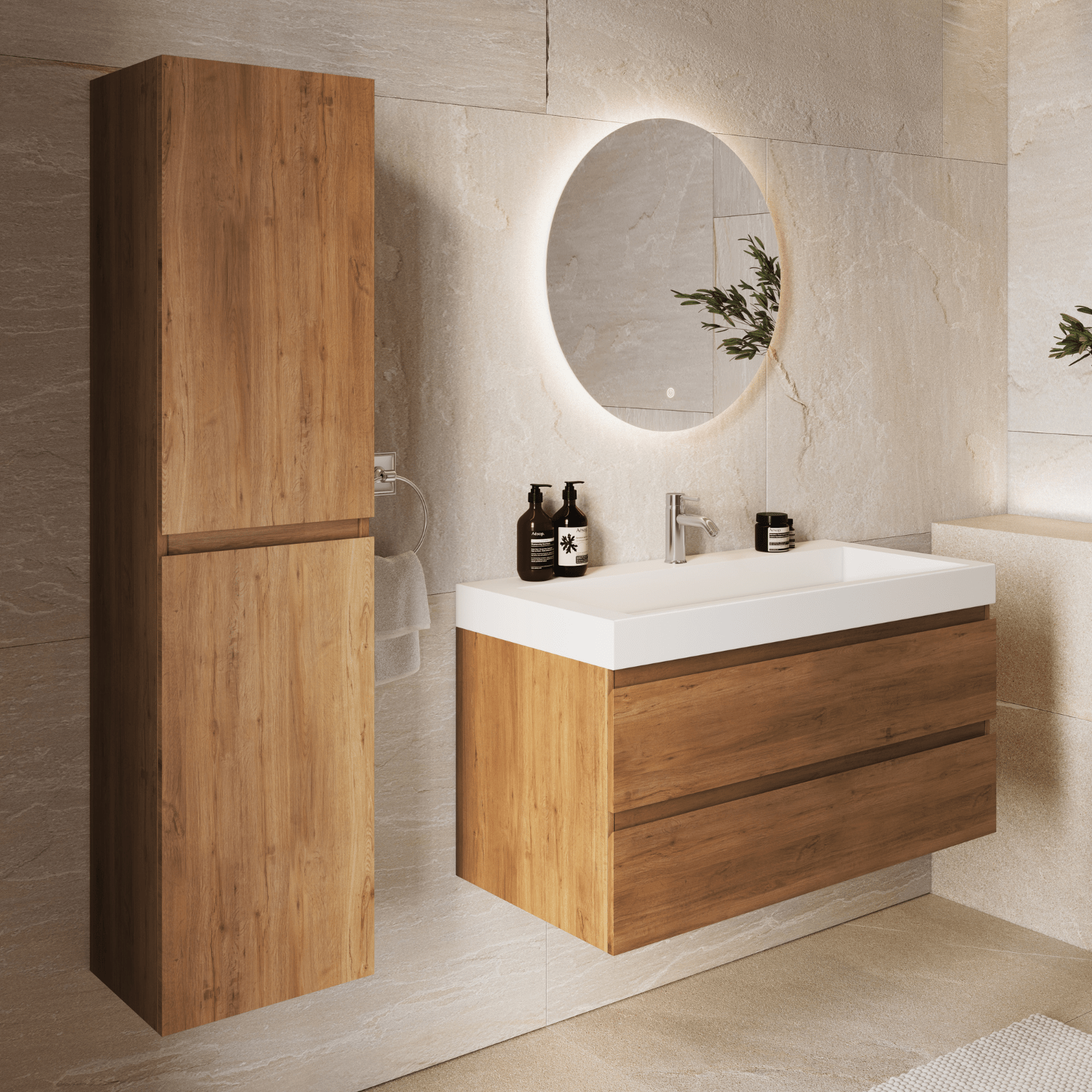 AZURO Warm Eiken - Wastafel Wit - Met Kolomkast - 100cm - lomazoo.com