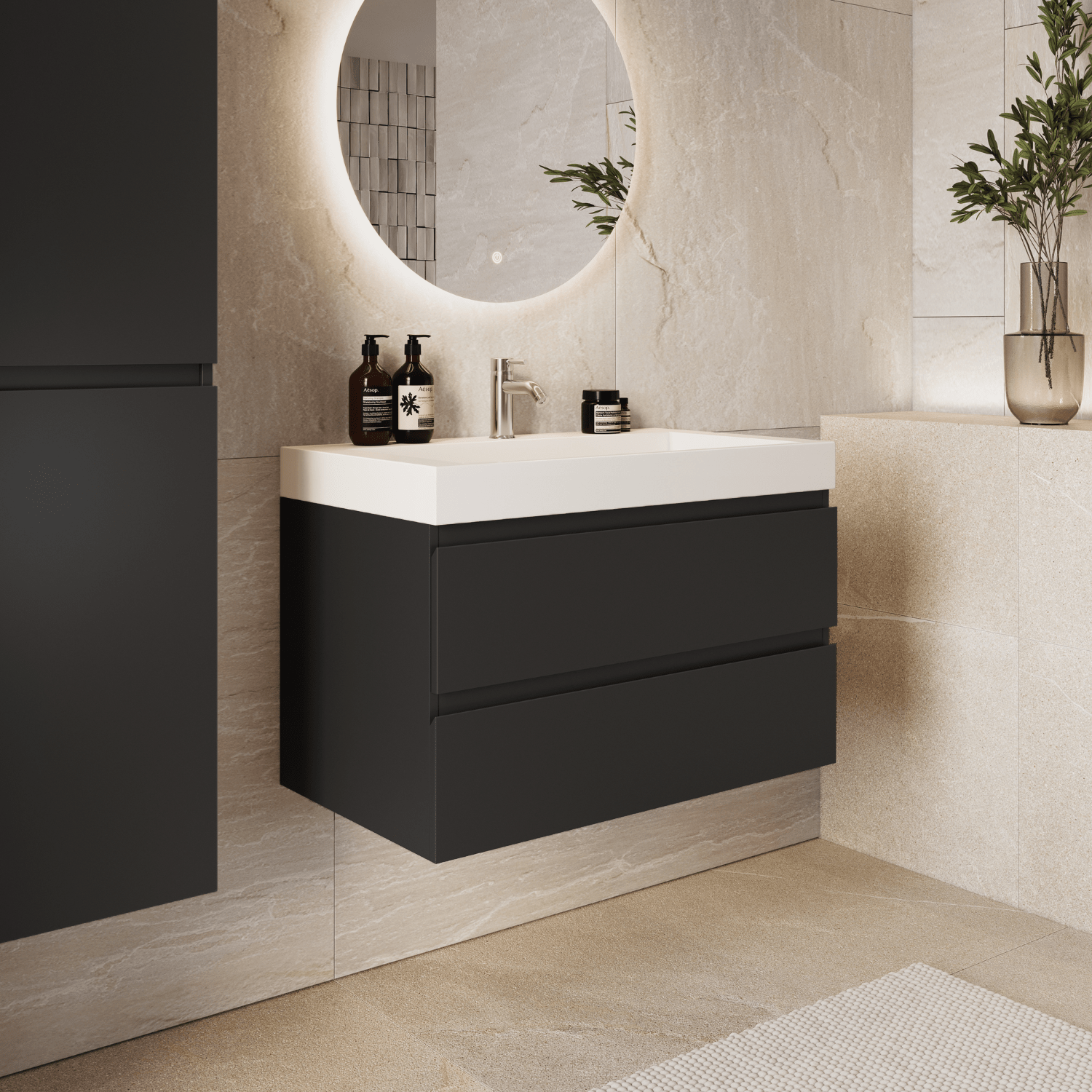 AZURO Mat Zwart - Wastafel Wit - Met Kolomkast - 80cm - lomazoo.com