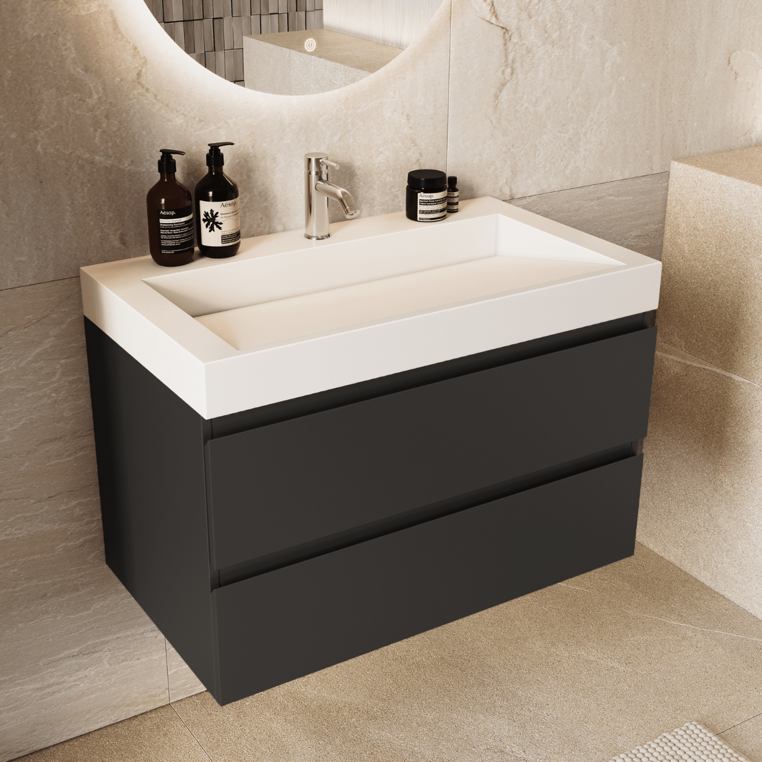 AZURO Mat Zwart - Wastafel Wit - Met Kolomkast - 80cm - lomazoo.com