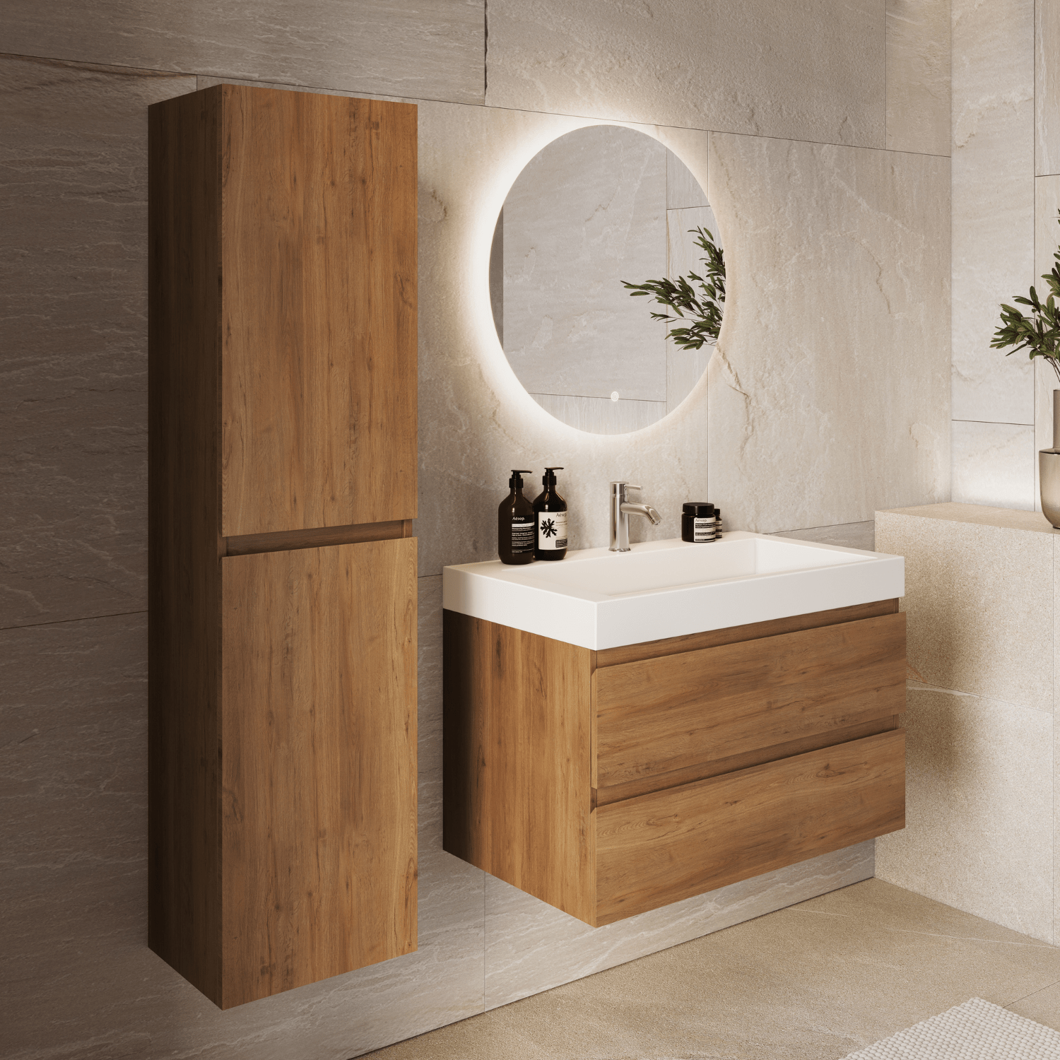 AZURO Warm Eiken - Wastafel Wit - Met Kolomkast - 80cm - lomazoo.com