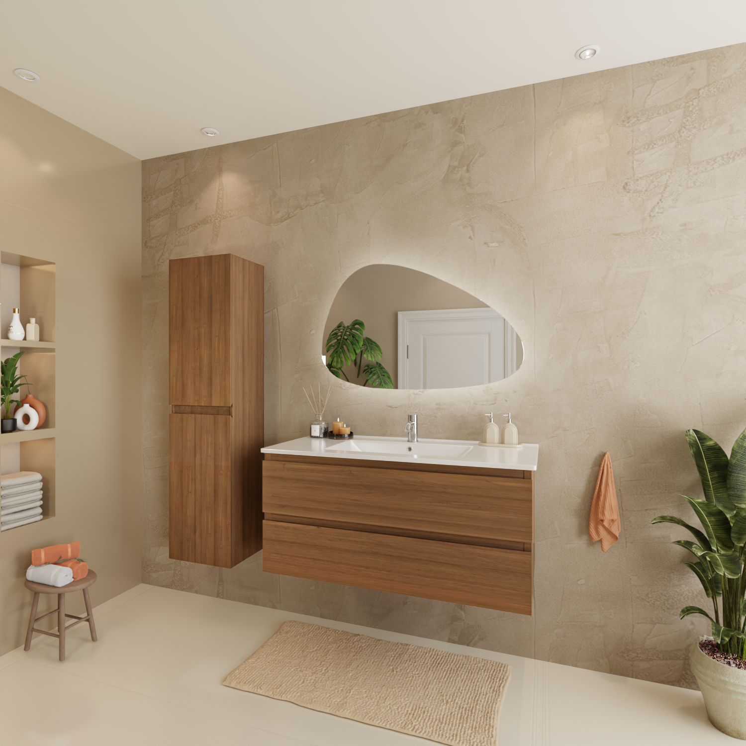 Ensemble meuble vasque 100 cm avec colonne - chêne chaud - lavabo blanc - LOMAZOO Verona