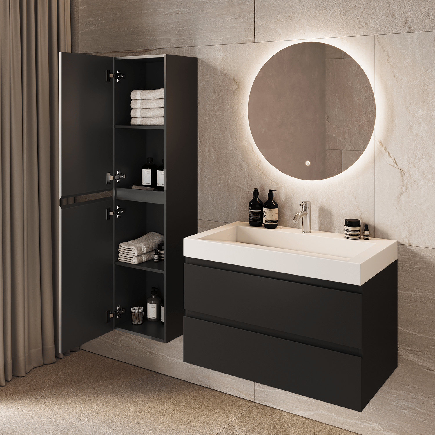 AZURO Mat Zwart - Wastafel Wit - Met Kolomkast - 80cm - lomazoo.com