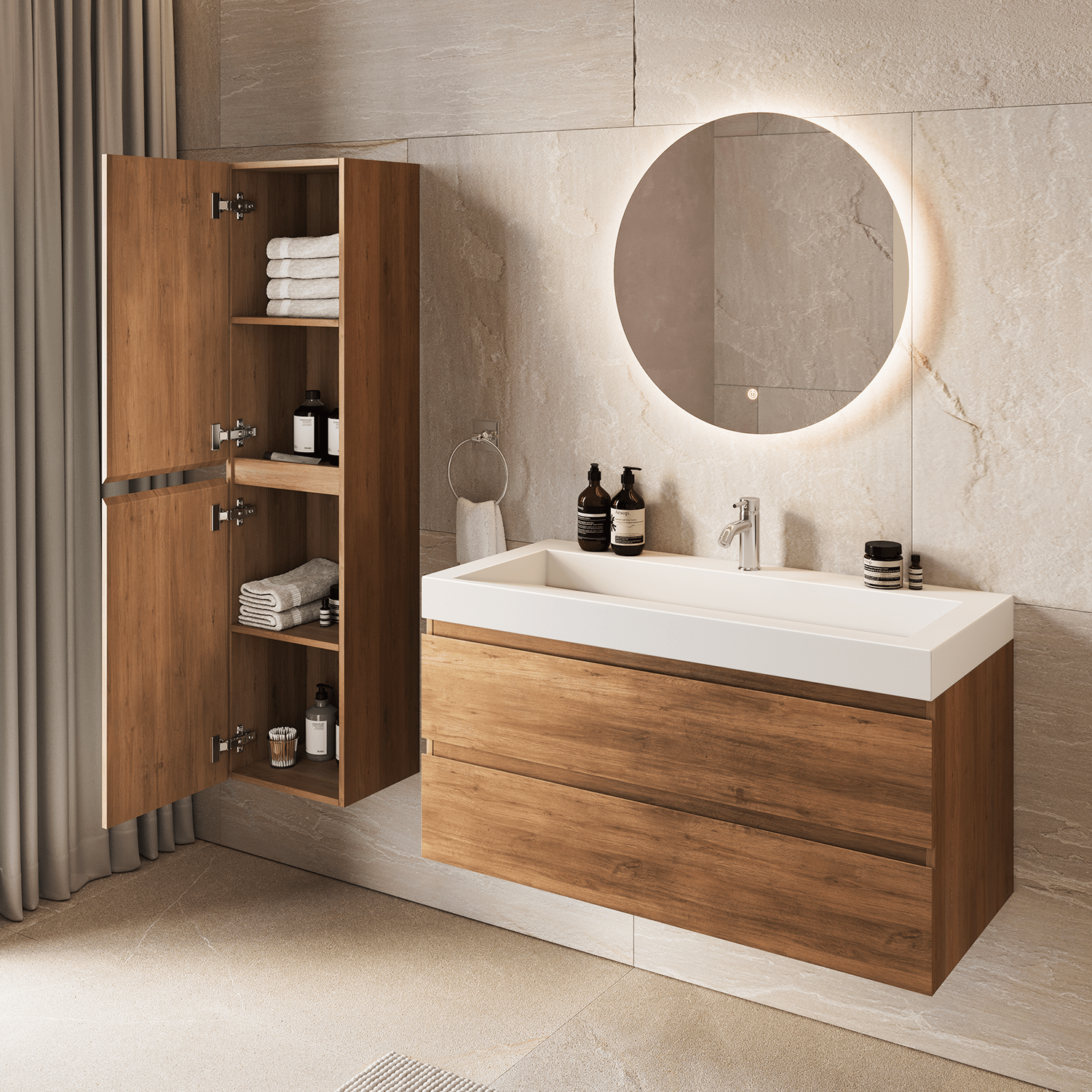 AZURO Warm Eiken - Wastafel Wit - Met Kolomkast - 100cm - lomazoo.com