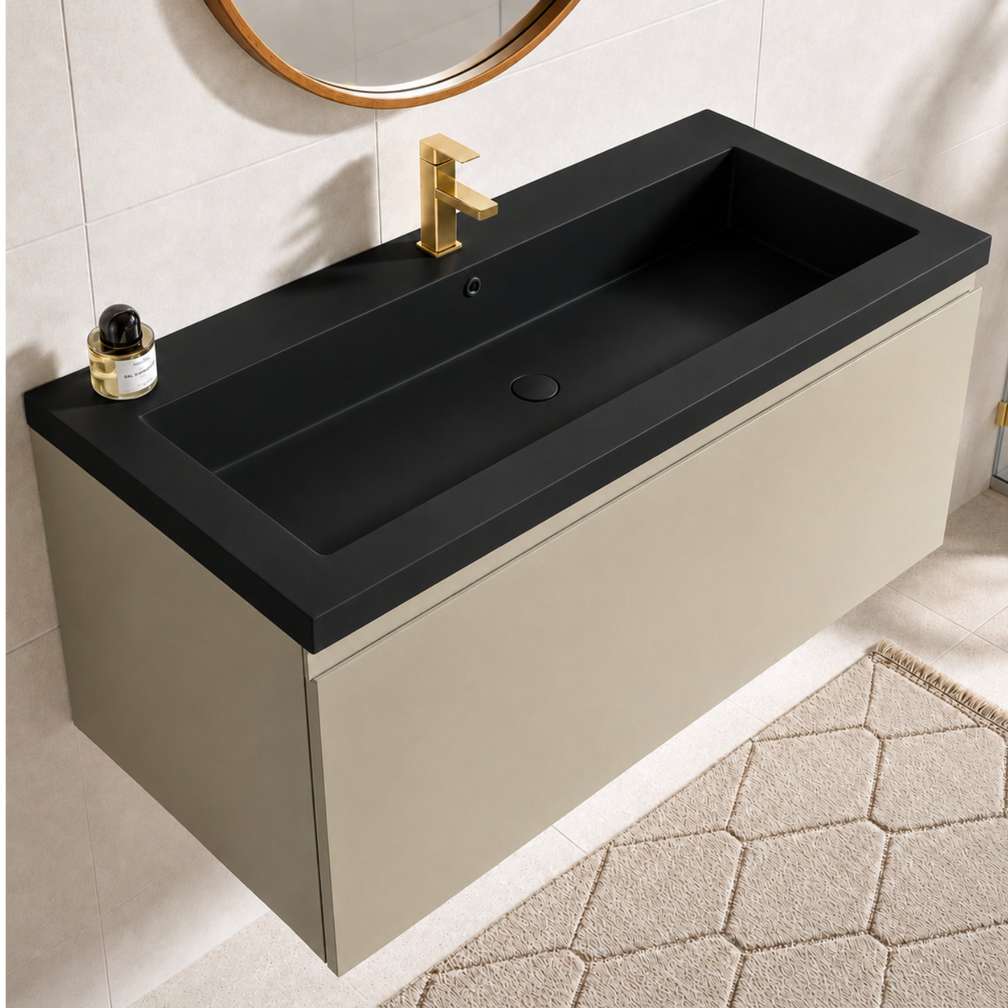 Badmeubelset SORRENTO 100cm - Met Kolomkast - Greige - Wastafel Zwart - lomazoo.com