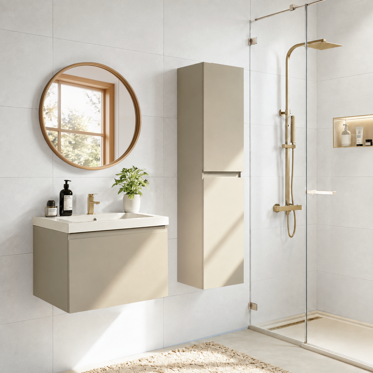 SORRENTO Bathroom Vanity Set 60 cm - With Tall Cabinet - Greige - White Basin