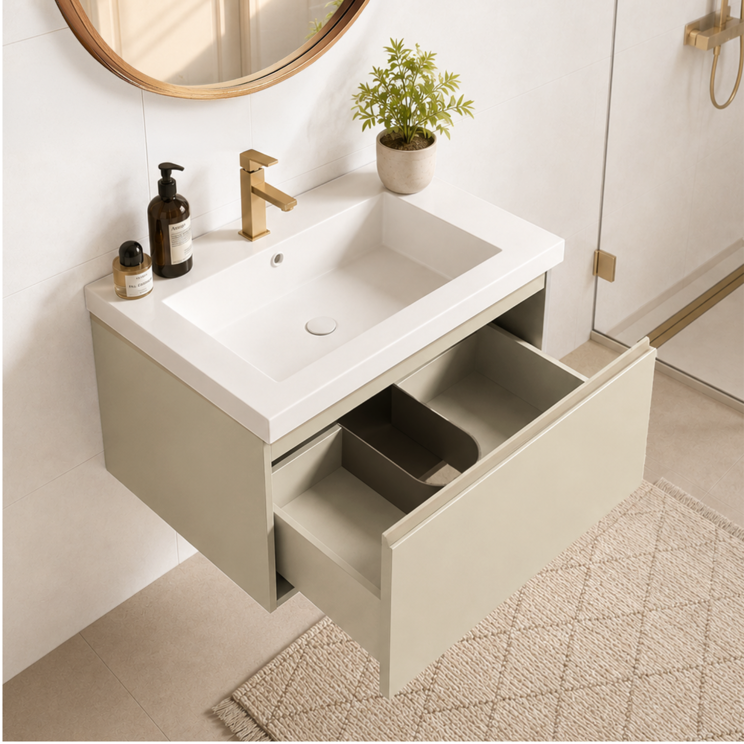 Badmeubelset SORRENTO 60cm - Met Kolomkast - Greige - Wastafel Wit - lomazoo.com