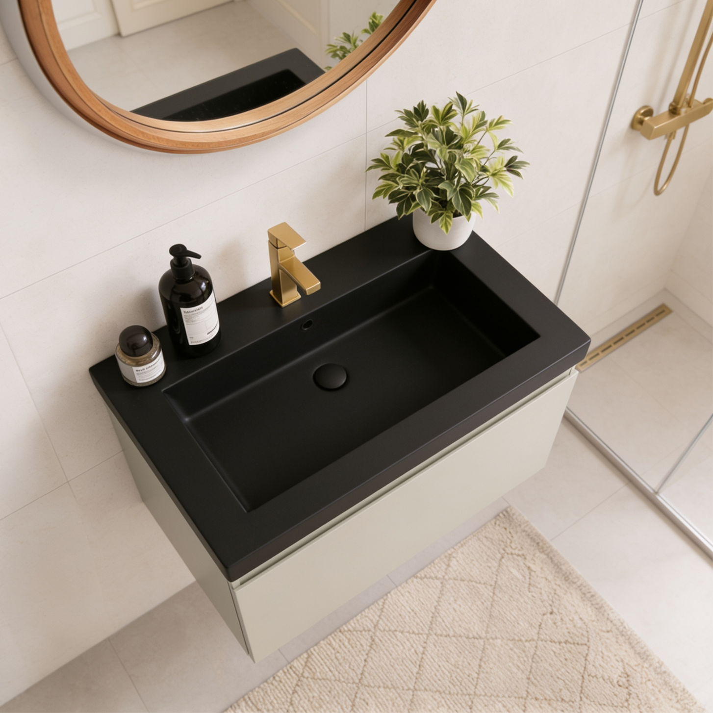 Badmeubelset SORRENTO 60cm - Met Kolomkast - Greige - Wastafel Zwart - lomazoo.com
