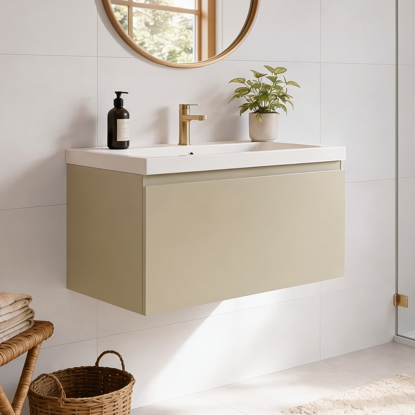 Badmeubelset SORRENTO 80cm - Met Kolomkast - Greige - Wastafel Wit - lomazoo.com