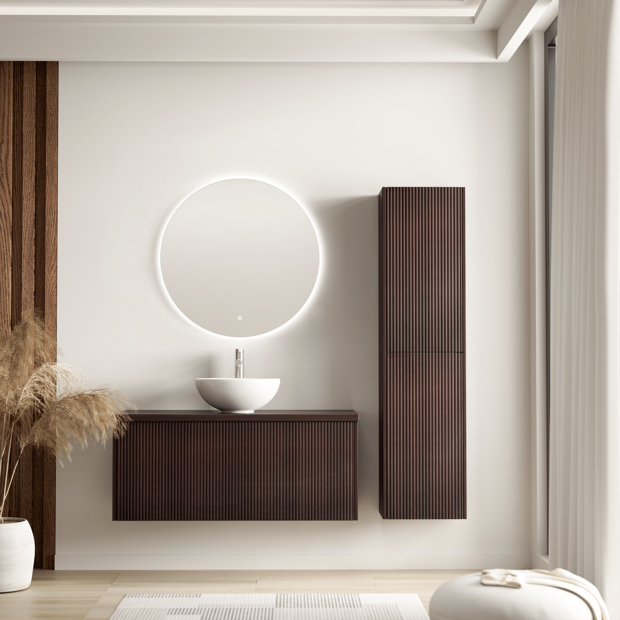 Badmeubelset TROPANI 100 cm - Walnoot - Ribbel front - Waskom Wit - lomazoo.com