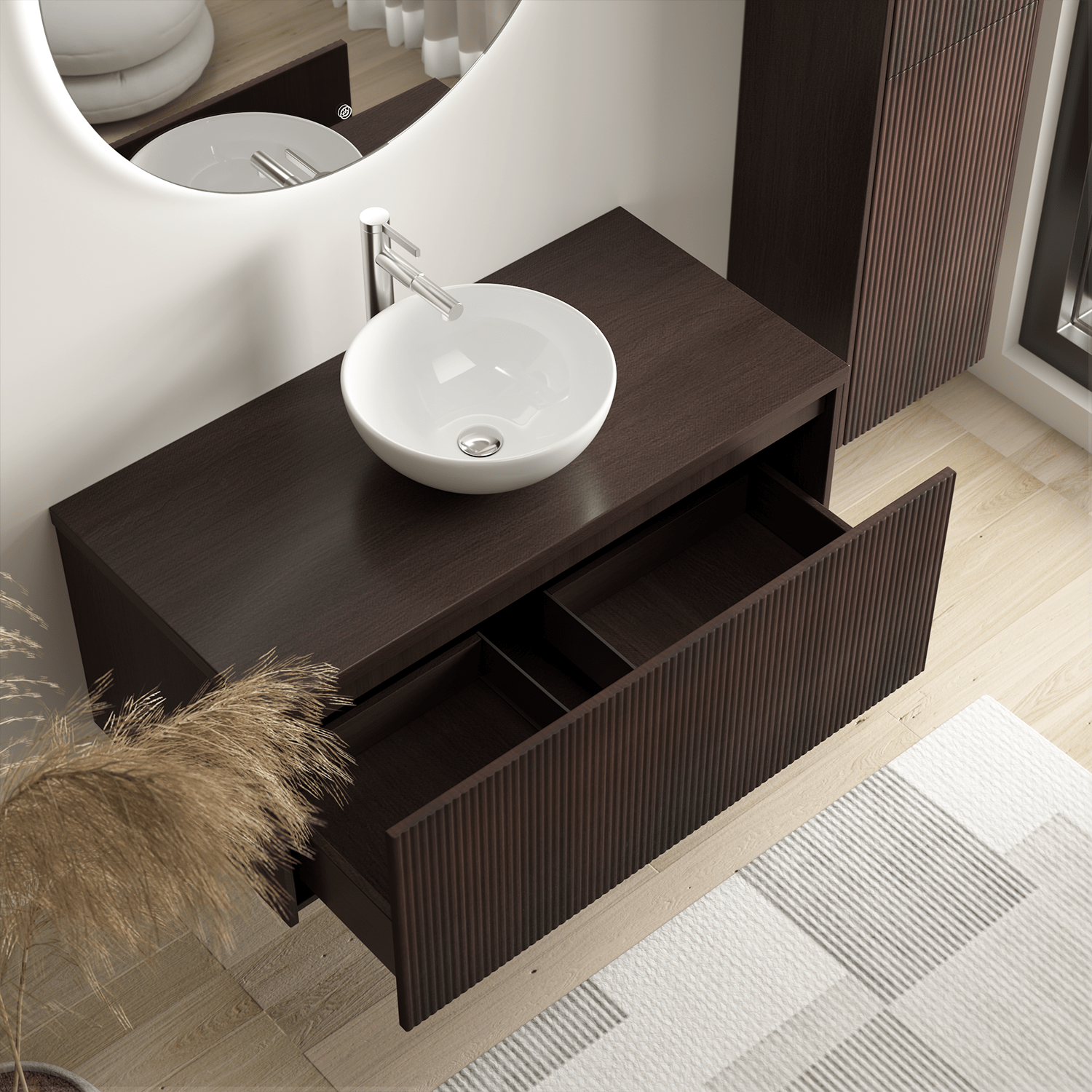 Badmeubelset TROPANI 100 cm - Walnoot - Ribbel front - Waskom Wit - lomazoo.com