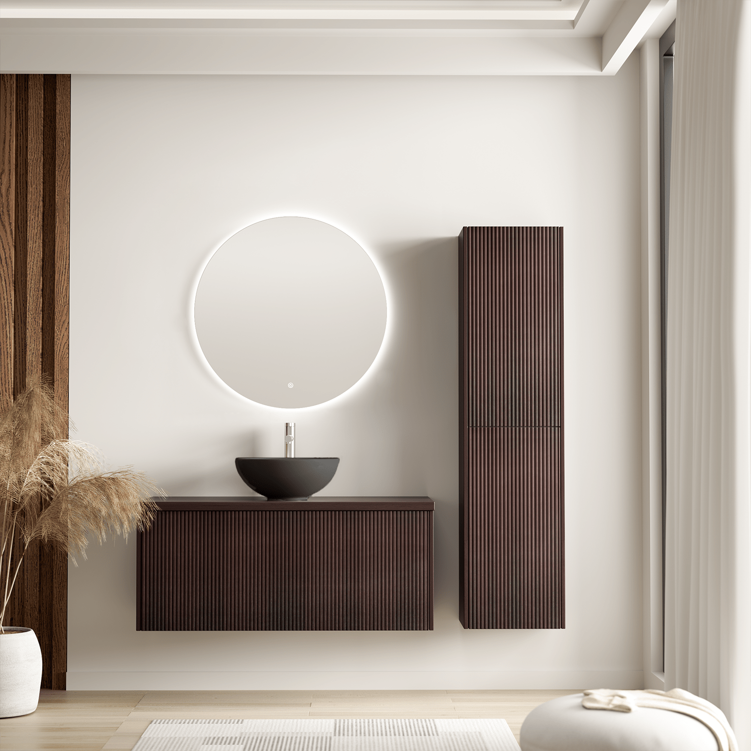 Badmeubelset TROPANI 100 cm - Walnoot - Ribbel front - Waskom Zwart - lomazoo.com