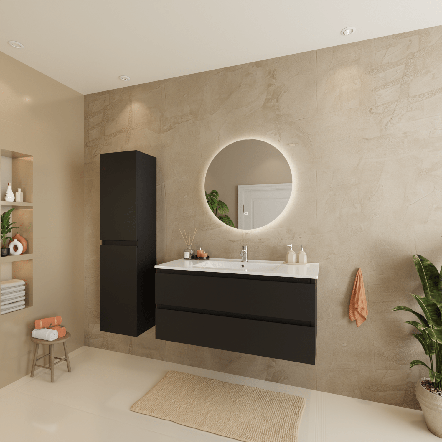Badmeubelset VERONA 100 cm - Met Kolomkast - Mat Zwart - Wastafel Wit - lomazoo.com