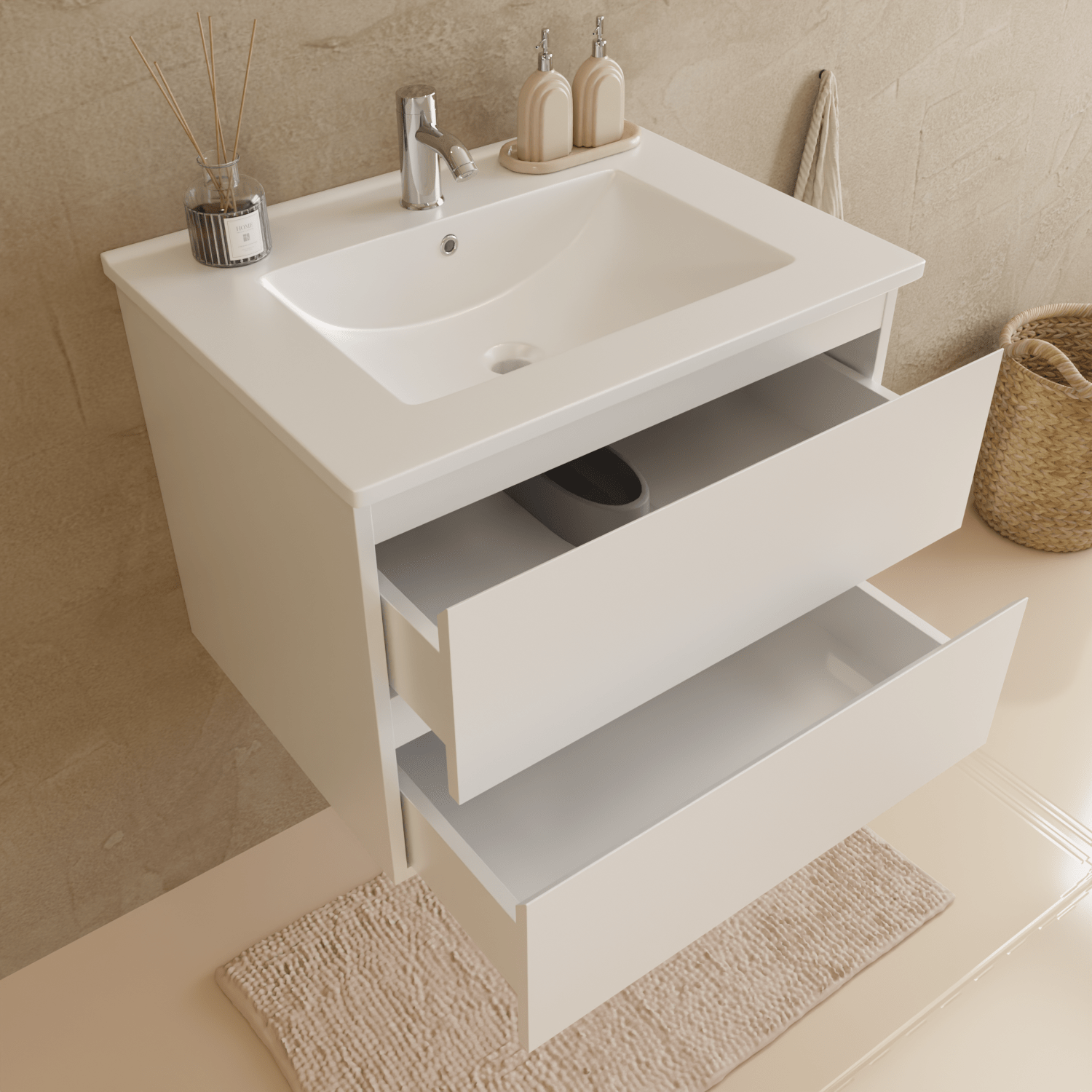 Badmeubelset VERONA 60 cm - Met Kolomkast - Glanzend Wit - Wastafel Wit - lomazoo.com