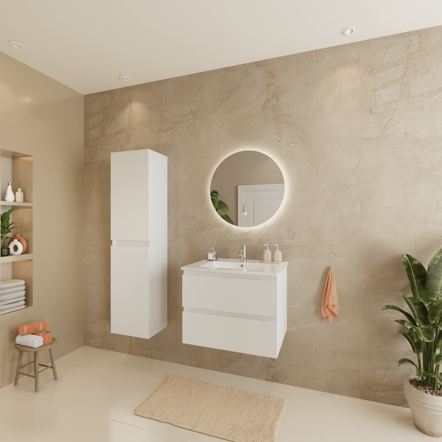 Badmeubelset VERONA 60 cm - Met Kolomkast - Glanzend Wit - Wastafel Wit - lomazoo.com