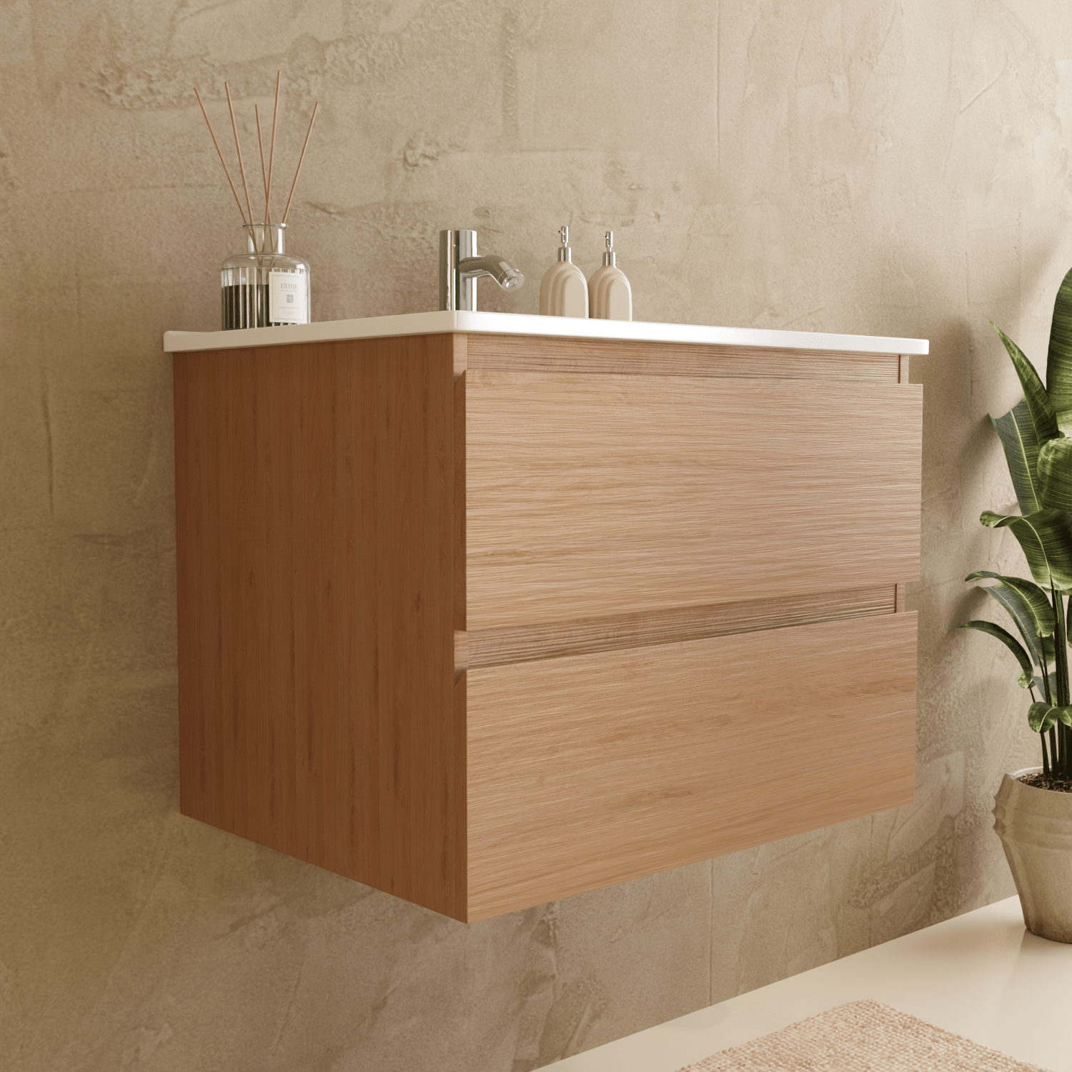 Badmeubelset VERONA 60 cm - Met Kolomkast - Licht Eiken - Wastafel Wit - lomazoo.com