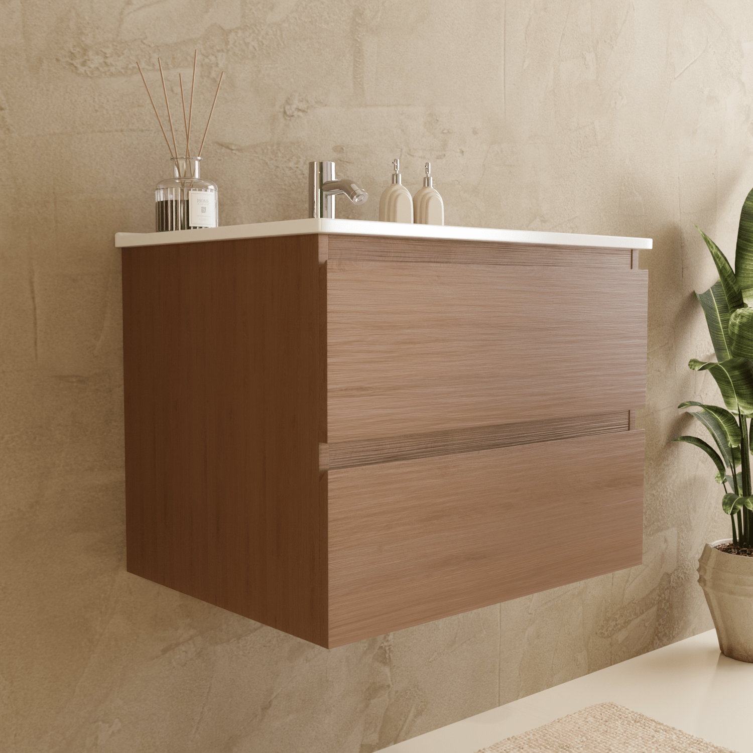 Badmeubelset VERONA 60 cm - Met Kolomkast - Warm Eiken - Wastafel Wit - lomazoo.com