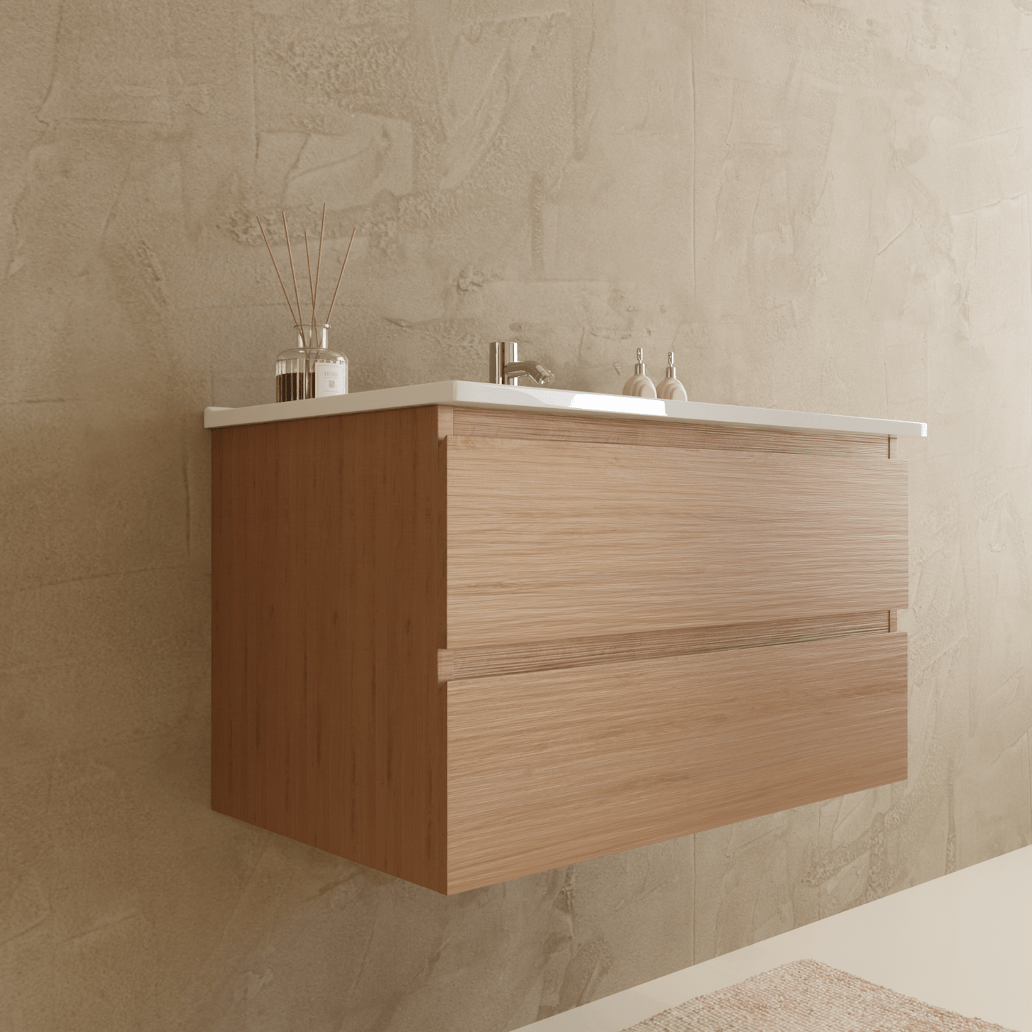 Badmeubelset VERONA 80 cm - Met Kolomkast - Licht Eiken - Wastafel Wit - lomazoo.com