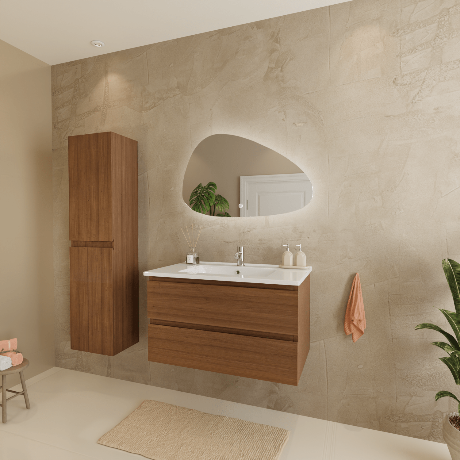 Badmeubelset VERONA 80 cm - Met Kolomkast - Warm Eiken - Wastafel Wit - lomazoo.com