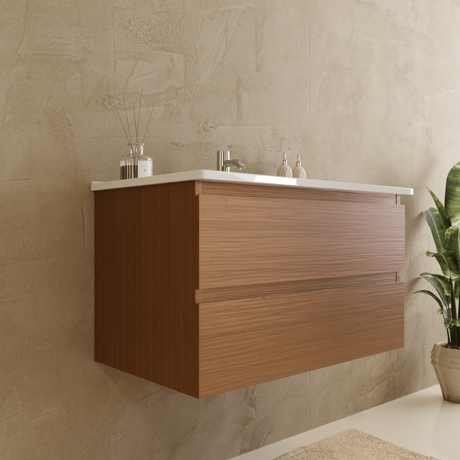 Badmeubelset VERONA 80 cm - Met Kolomkast - Warm Eiken - Wastafel Wit - lomazoo.com