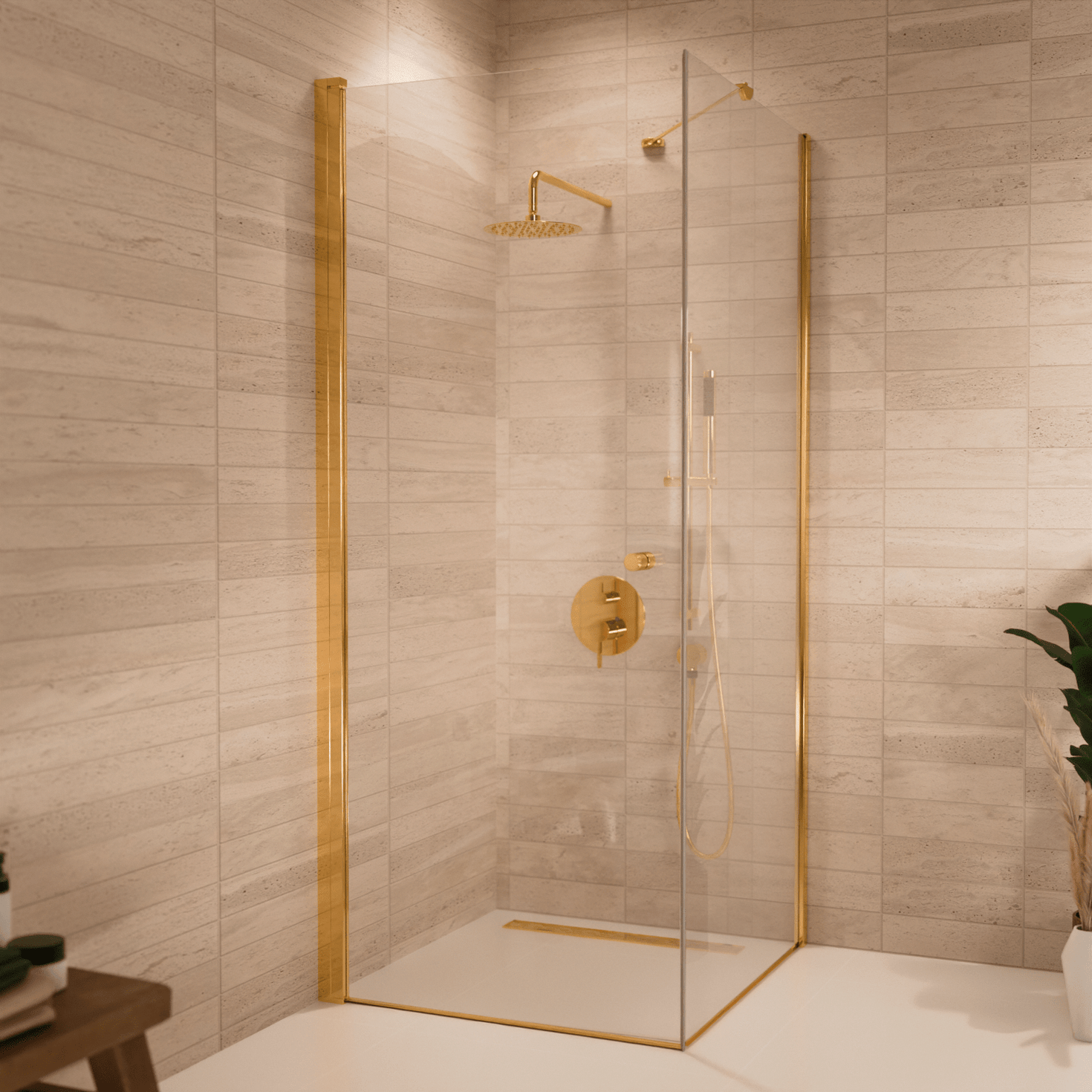 Douchecabine Medellin 90 x 90 x 200 cm - Glanzend Goud - Nano Coating - Draaideur - lomazoo.com