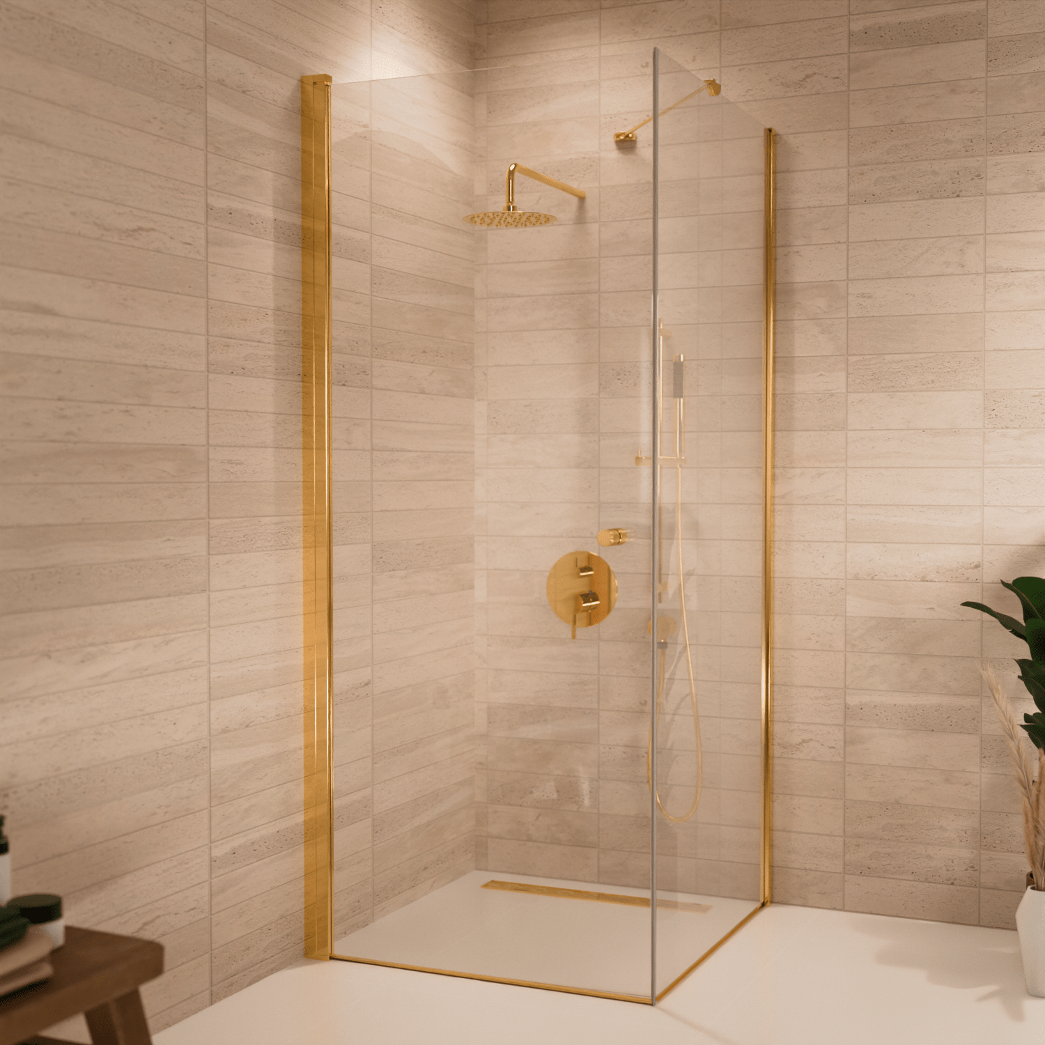 Douchecabine Medellin 90 x 90 x 200 cm - Glanzend Goud - Nano Coating - Draaideur - lomazoo.com