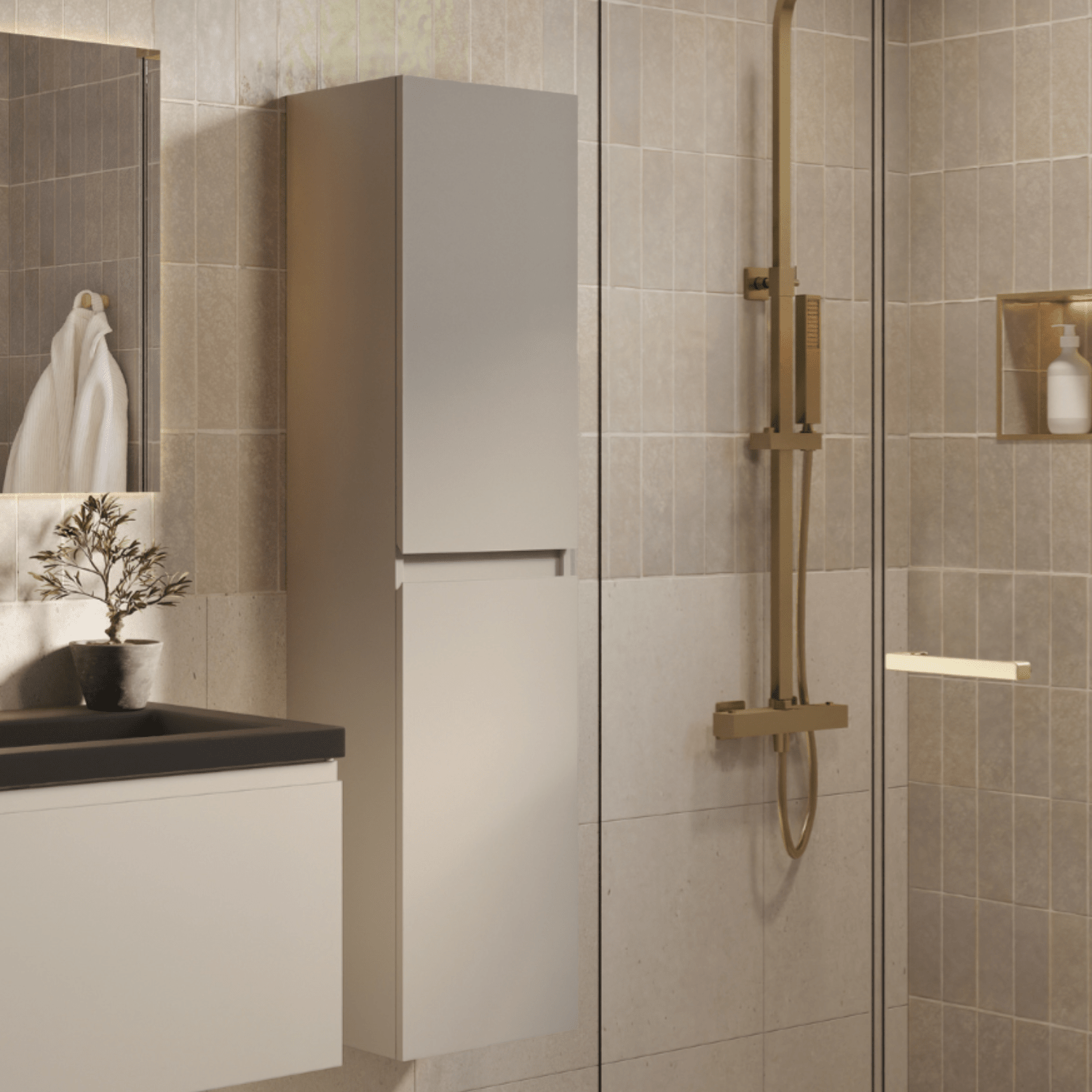 Badmeubelset SORRENTO 80cm - Met Kolomkast - Greige - Wastafel Zwart - lomazoo.com