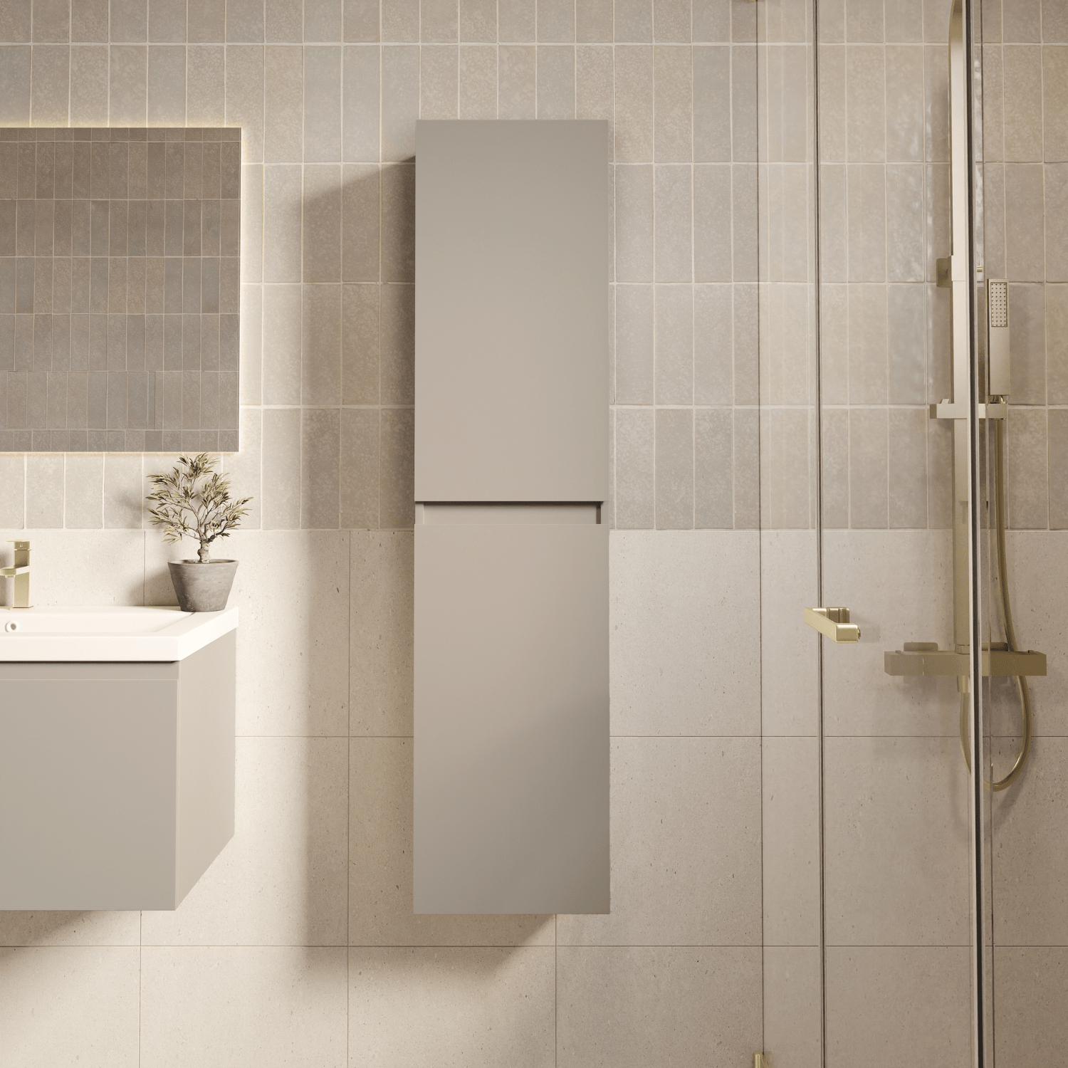 Badmeubelset SORRENTO 80cm - Met Kolomkast - Greige - Wastafel Wit - lomazoo.com