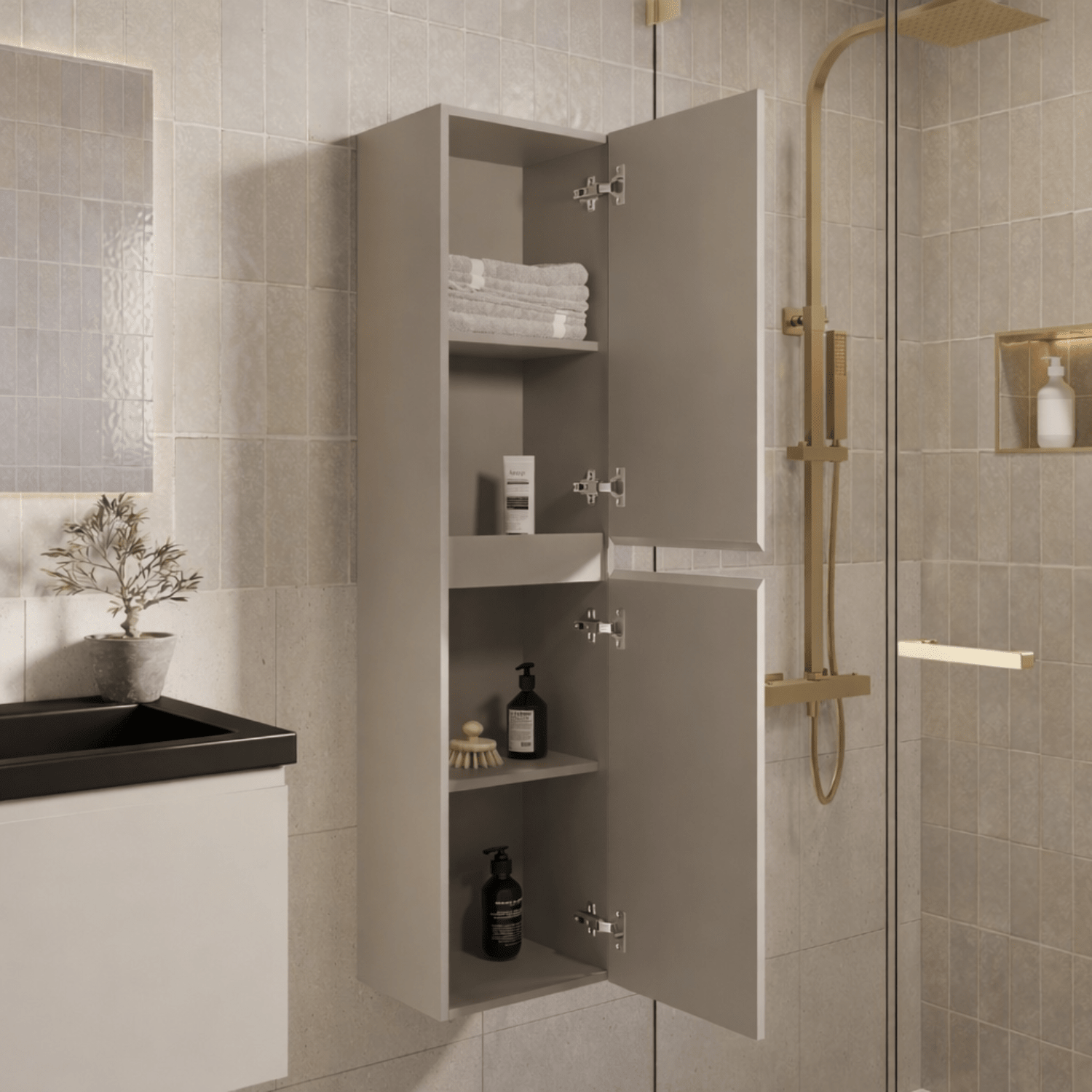 Badmeubelset SORRENTO 80cm - Met Kolomkast - Greige - Wastafel Zwart - lomazoo.com