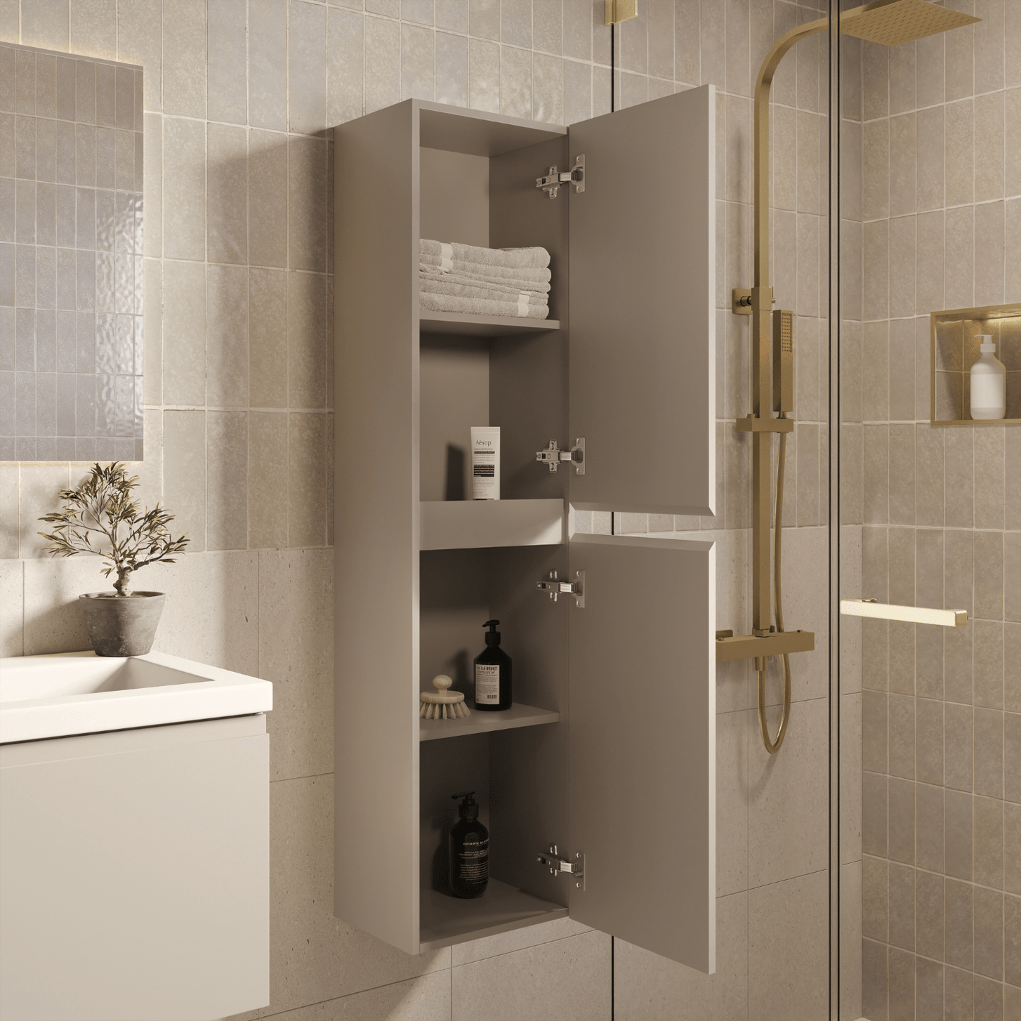 Badmeubelset SORRENTO 60cm - Met Kolomkast - Greige - Wastafel Wit - lomazoo.com