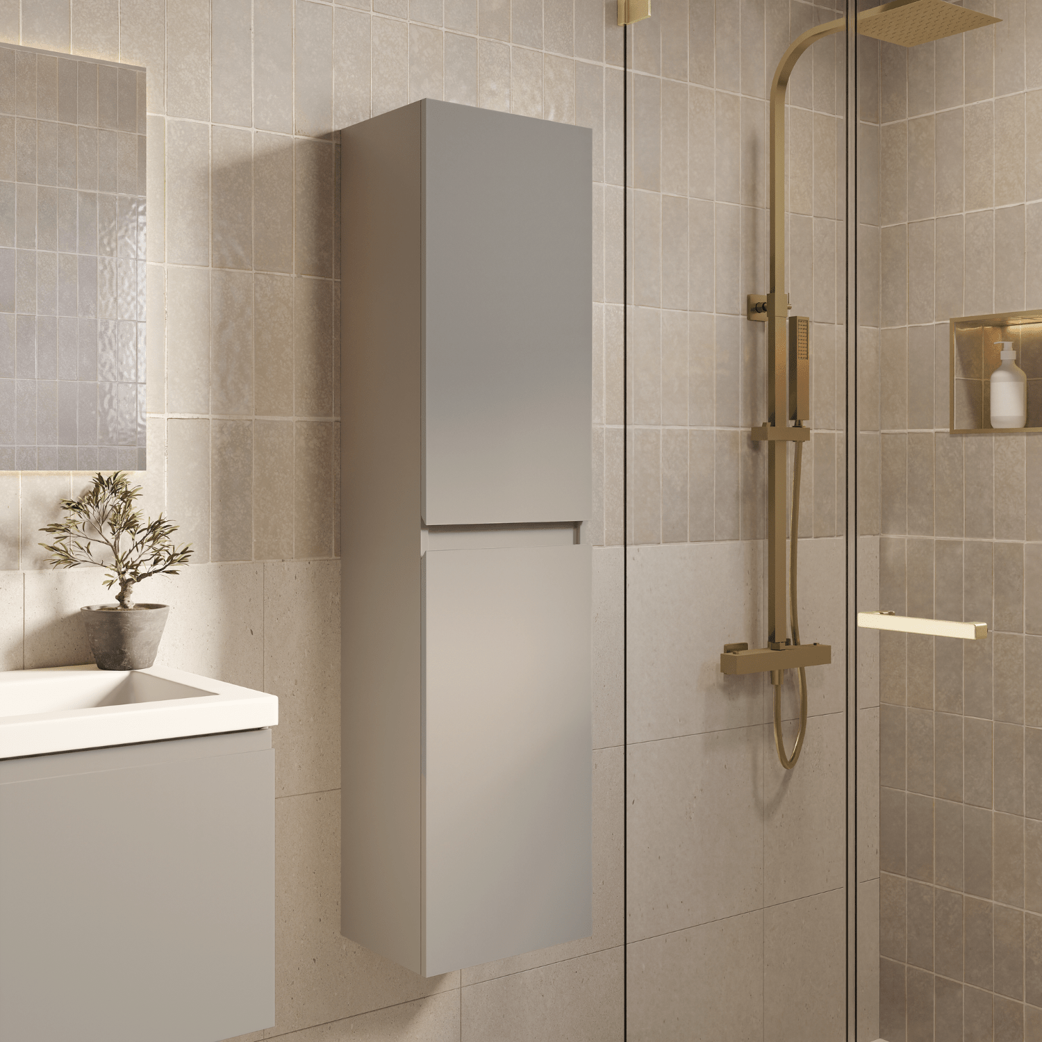 Badmeubelset SORRENTO 60cm - Met Kolomkast - Greige - Wastafel Wit - lomazoo.com