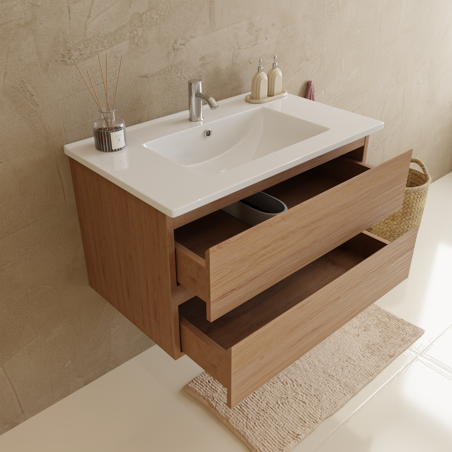 MARENZA Licht Eiken - Wastafel Wit - 80cm