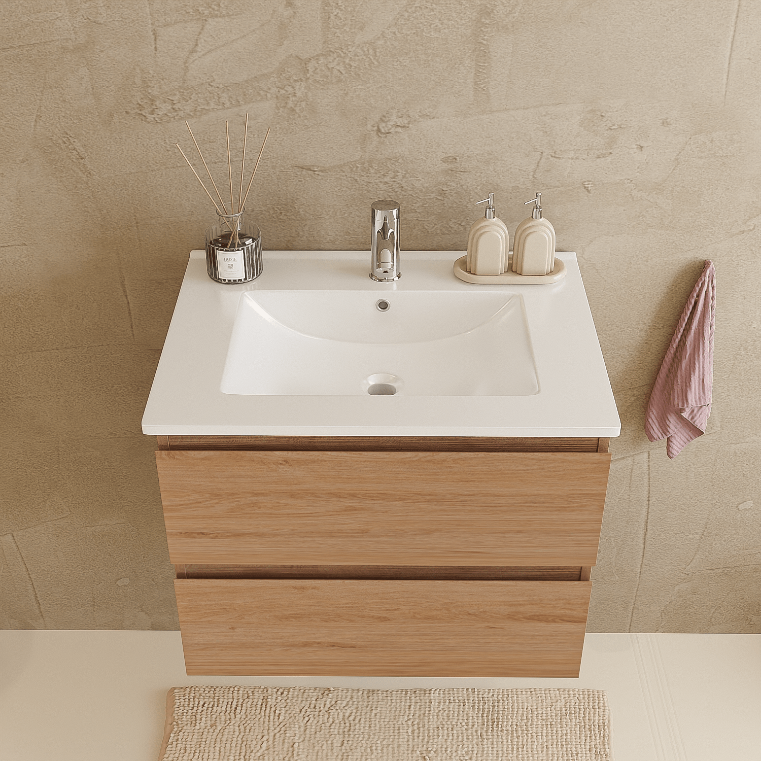 MARENZA Licht Eiken - Wastafel Wit - 60cm - lomazoo.com