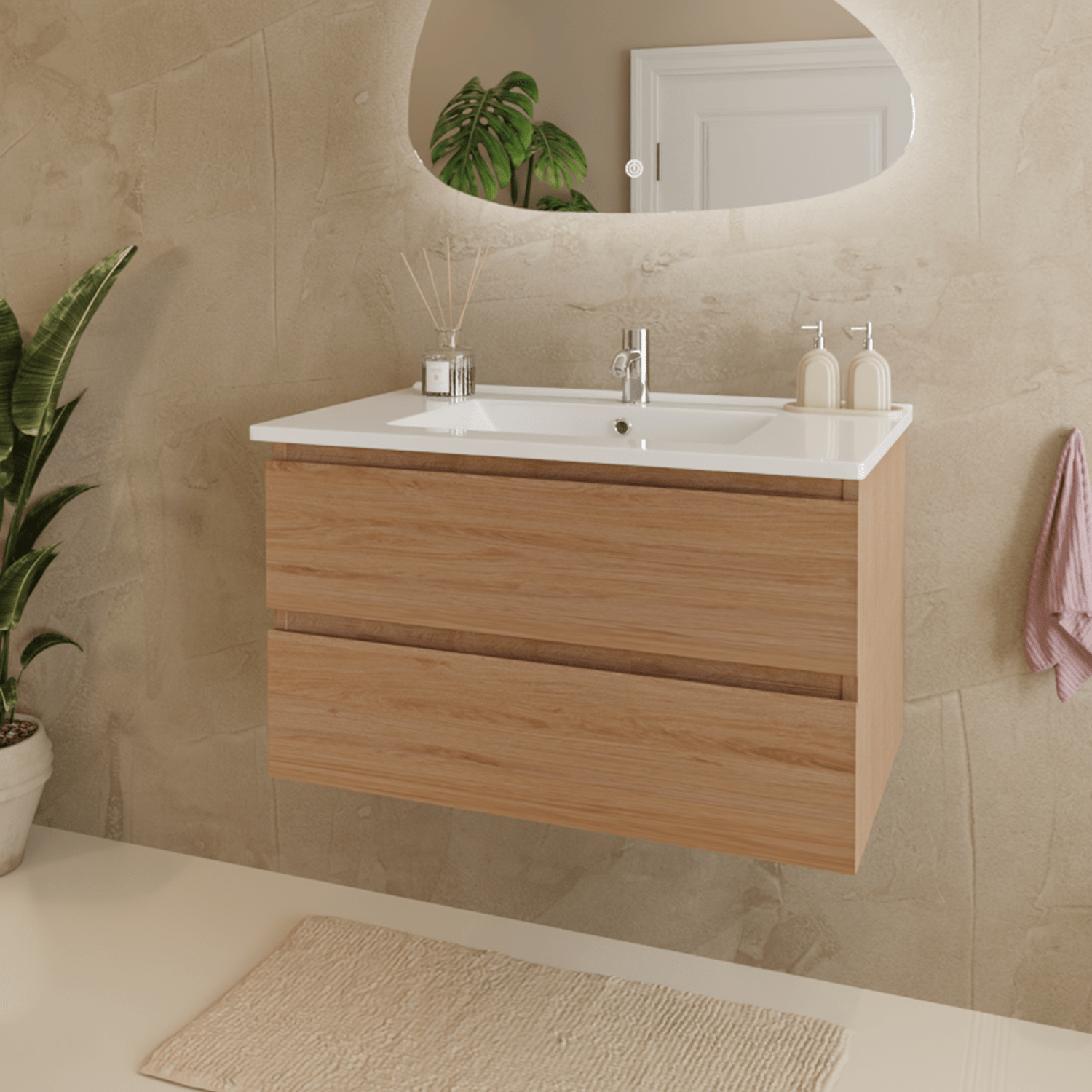 MARENZA Licht Eiken - Wastafel Wit - 80cm - lomazoo.com