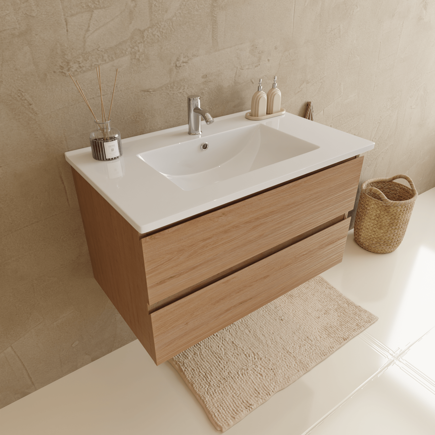 MARENZA Licht Eiken - Wastafel Wit - 80cm - lomazoo.com