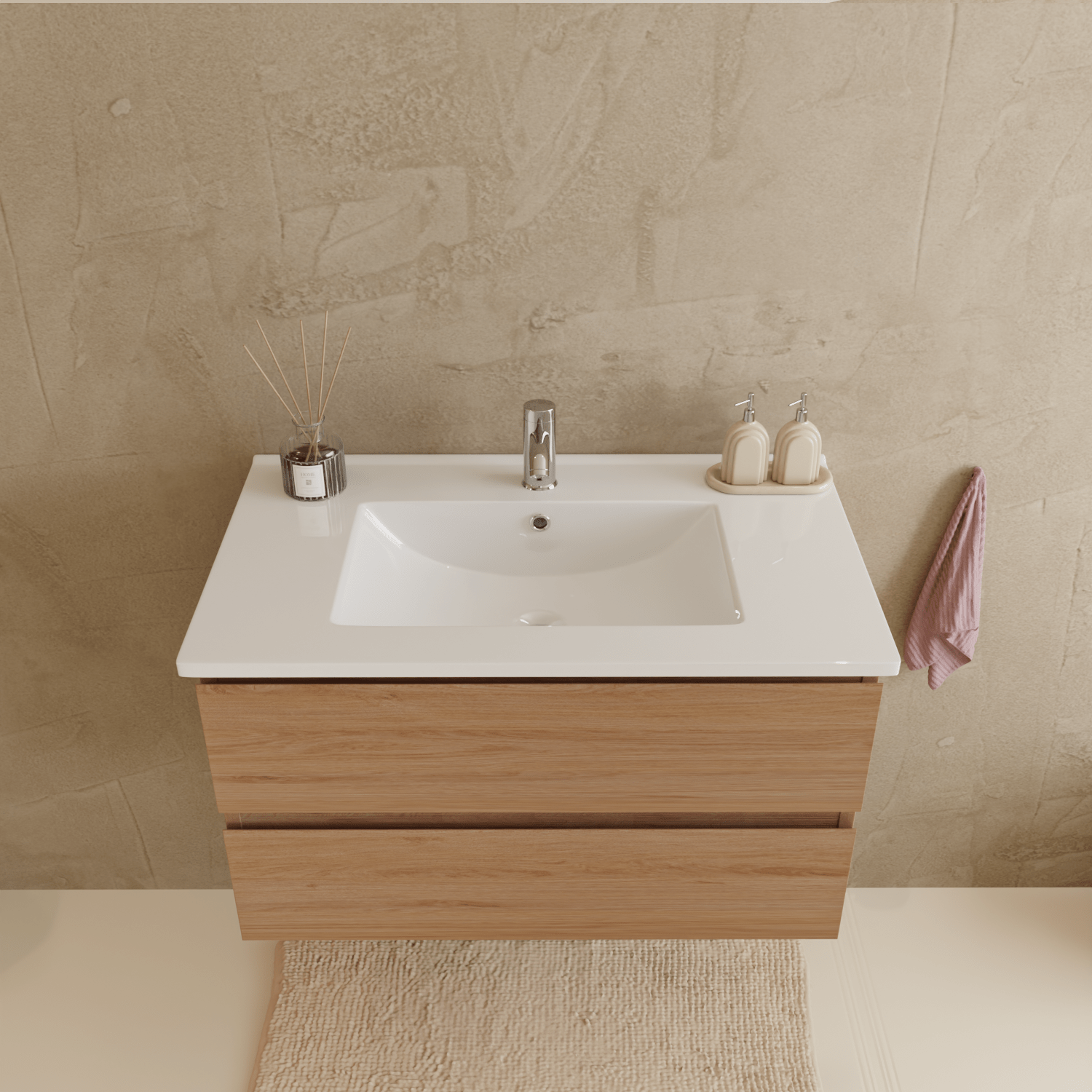 MARENZA Licht Eiken - Wastafel Wit - 80cm - lomazoo.com