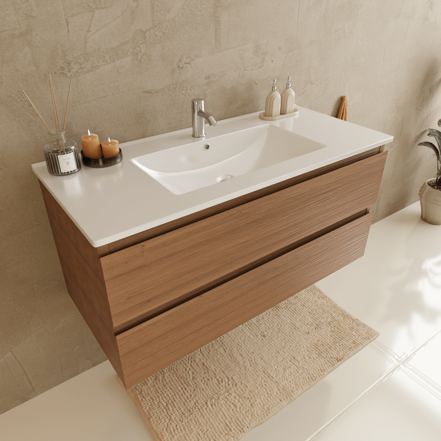 MARENZA Warm Eiken - Wastafel Wit - 100cm - lomazoo.com