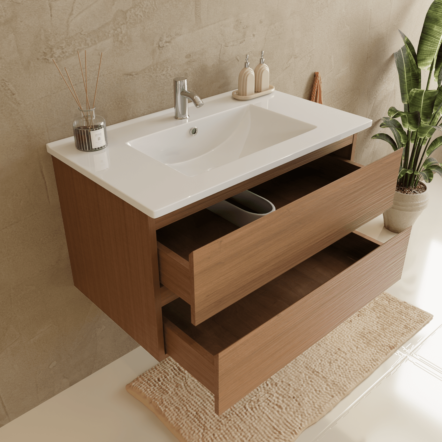 MARENZA Warm Eiken - Wastafel Wit - 80cm - lomazoo.com