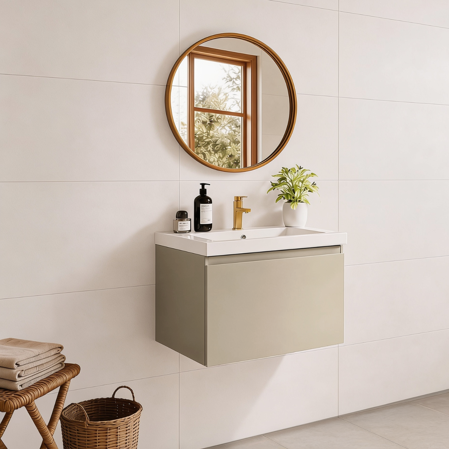Mueble de baño suspendido MODENA greige - Lavabo blanco - 60cm