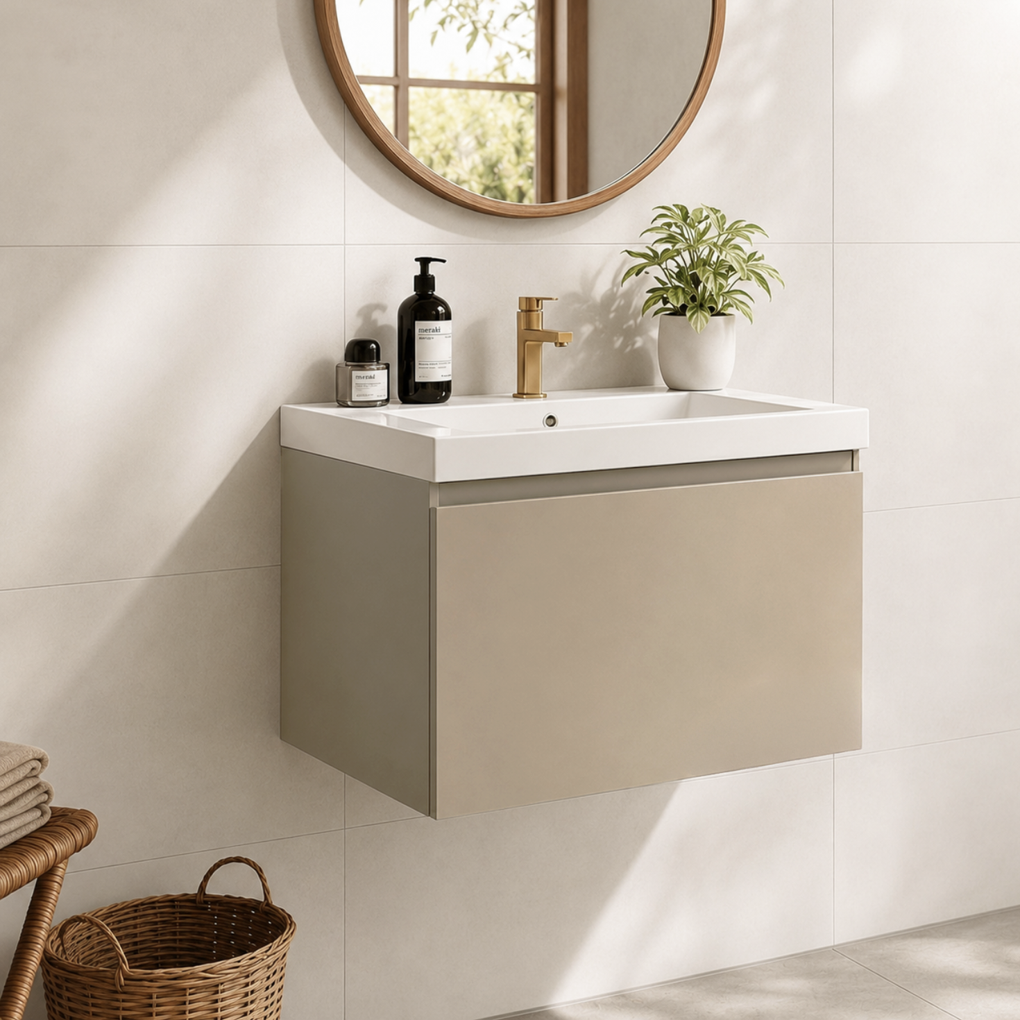 Mueble de baño suspendido MODENA greige - Lavabo blanco - 60cm