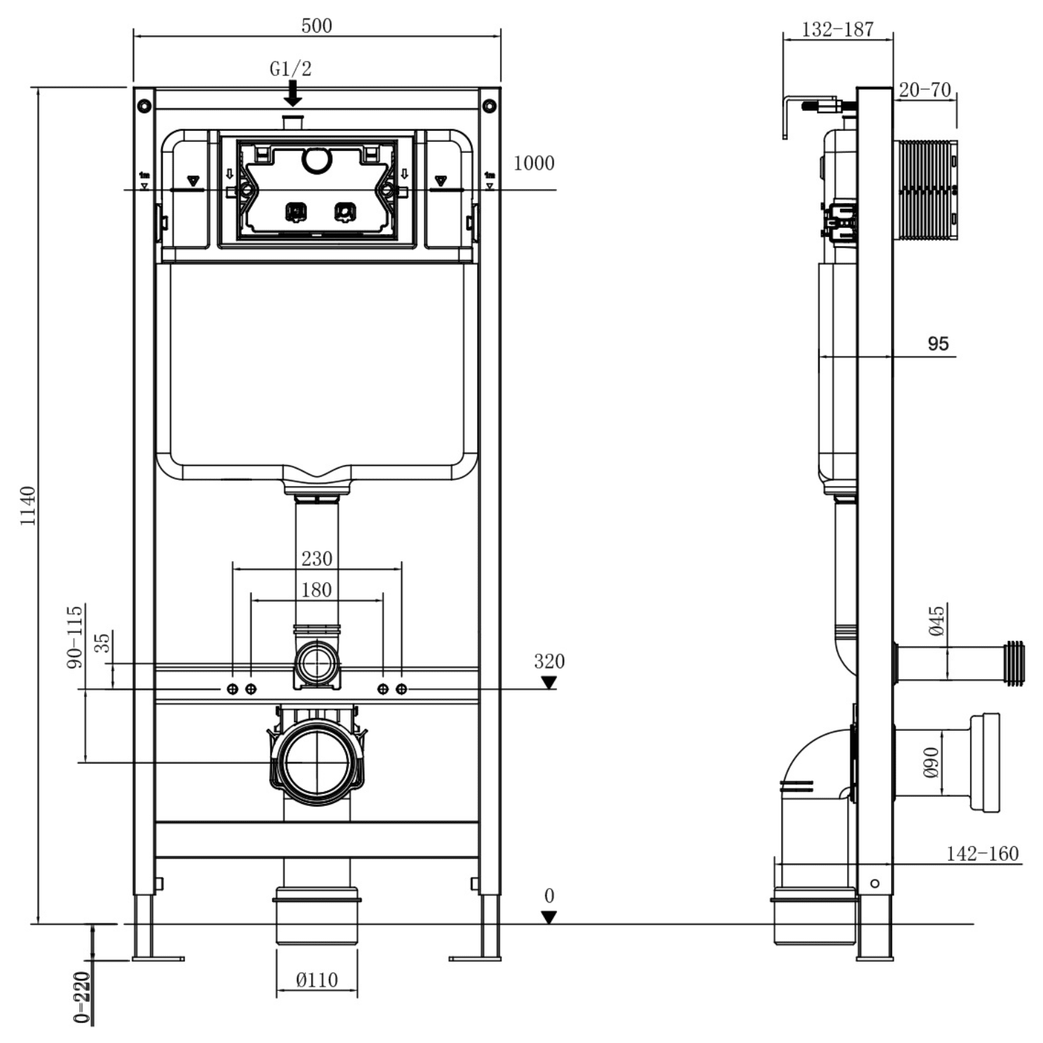 Hangtoilet met Inbouwreservoir - Vierkant Wit - Drukplaat Vierkant Gunmetal - Linea - lomazoo.com
