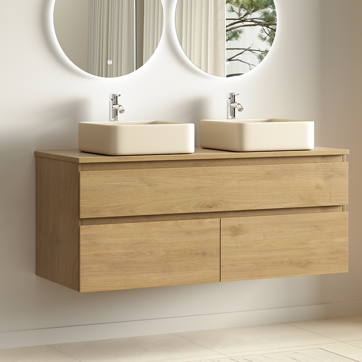 Alira Helle Eiche - Waschbecken Quadratisch 2x - 120 cm