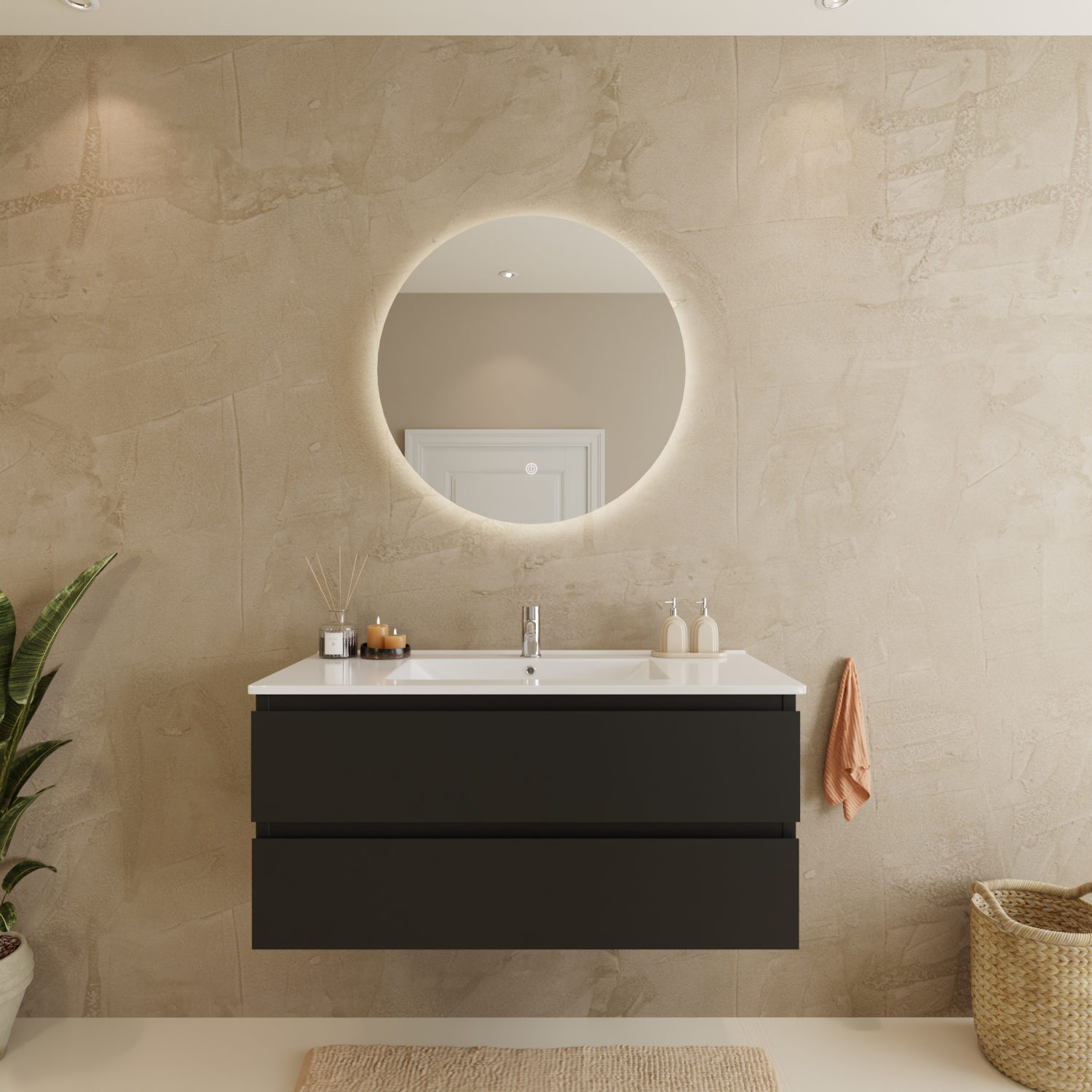 MARENZA Mat Zwart - Wastafel Wit - 100cm