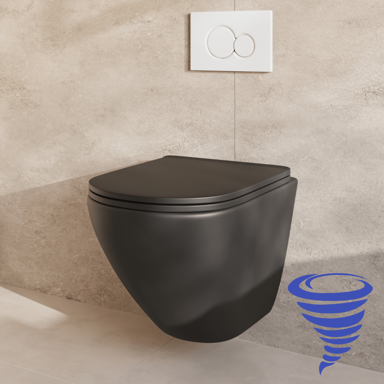 Hangtoilet met Inbouwreservoir - Rond Zwart - Drukplaat Rond Wit - Linea - lomazoo.com