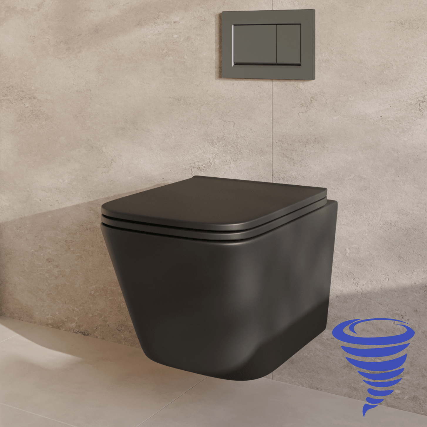 Hangtoilet met Inbouwreservoir - Vierkant Zwart - Drukplaat Vierkant Gunmetal - Linea - lomazoo.com